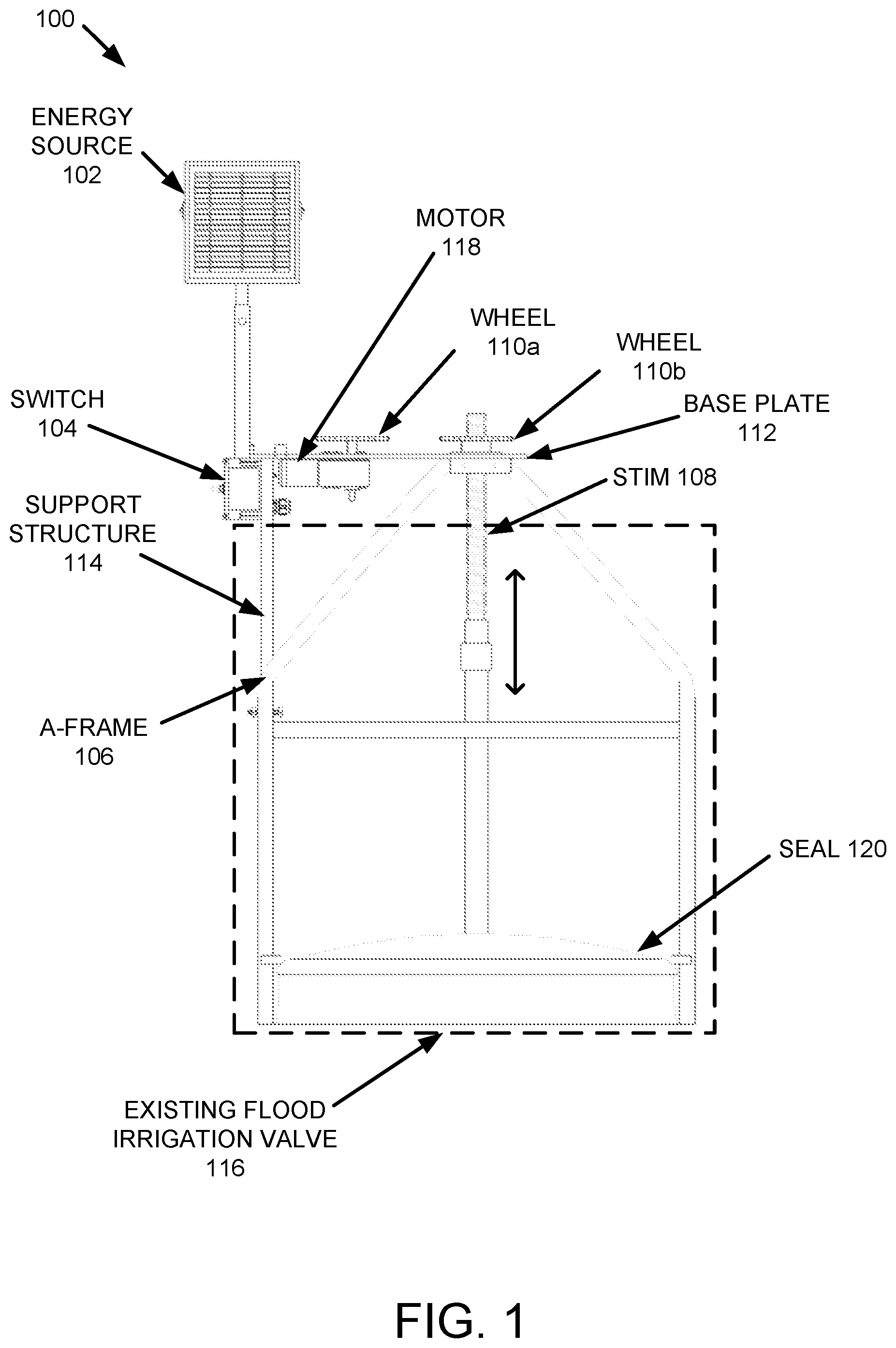 Patent US12345349 Figure 1 – Retrofitted flood irrigation valve actuating apparatus
