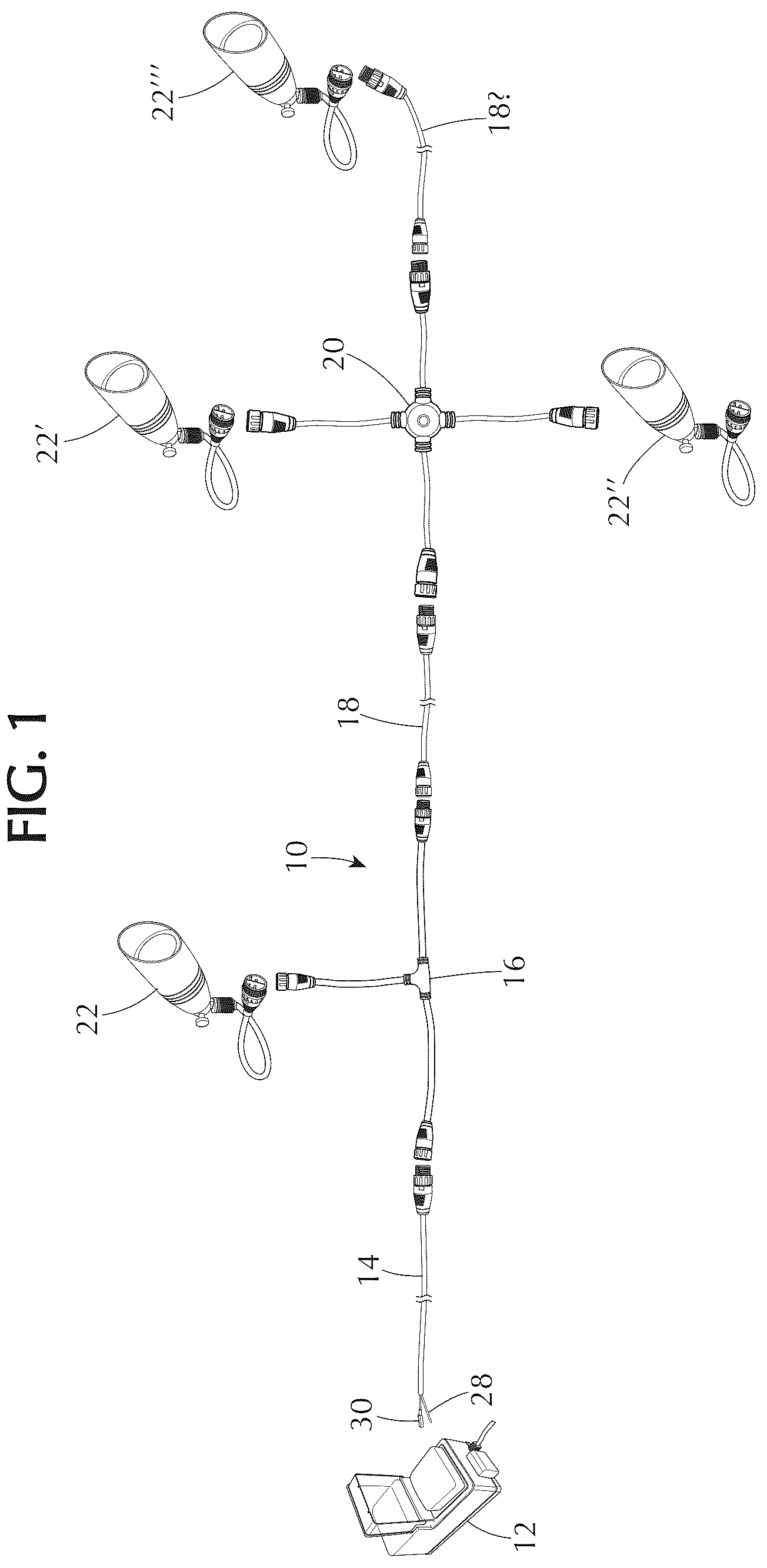 Patent US12345399 Figure 1 – Pluggable low voltage outdoor watertight lighting system for path lighting