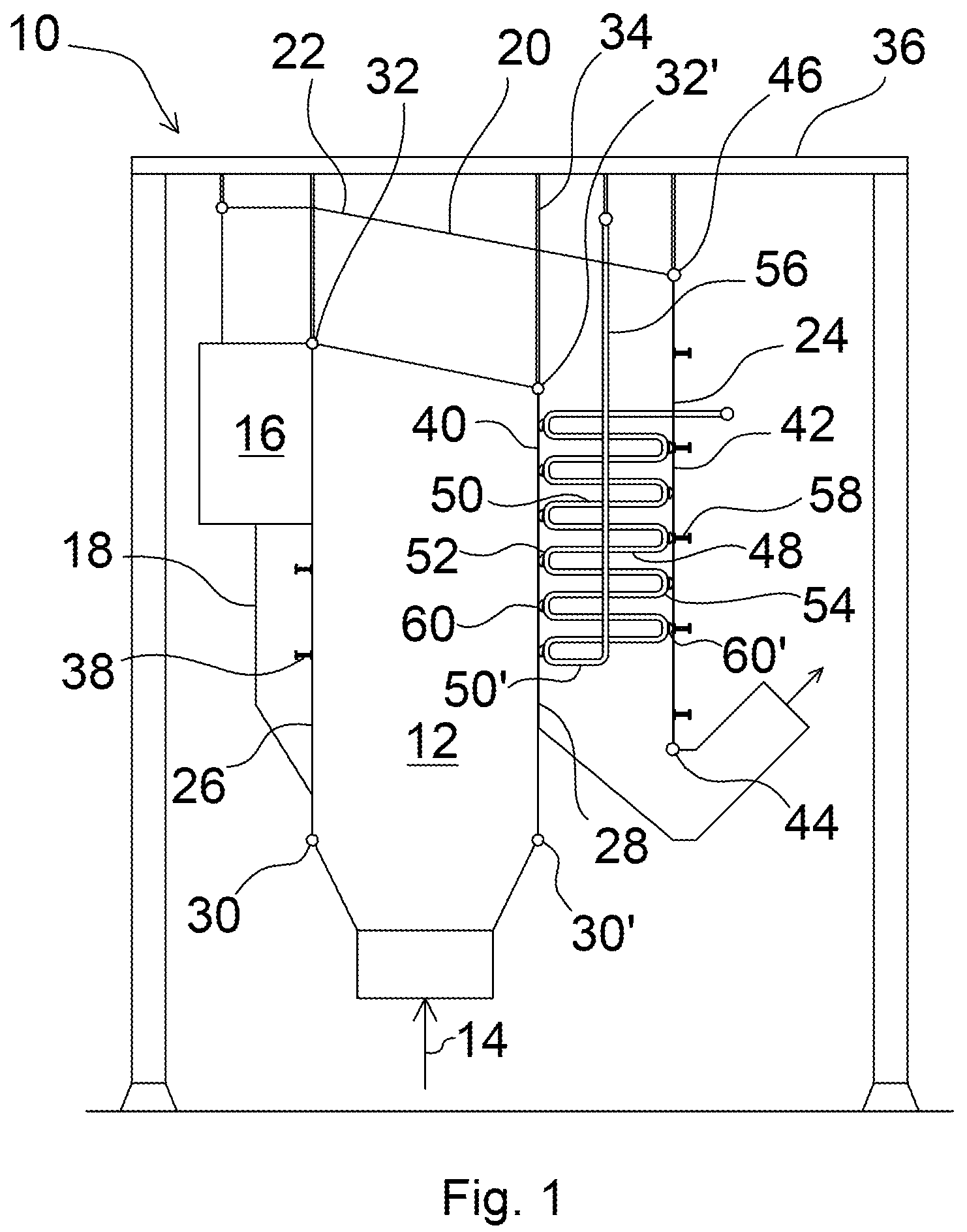 Patent US12345411 — Arrangement for a method of supporting a side wall of a vertical flue gas pass in a thermal power steam generator — Figure 1