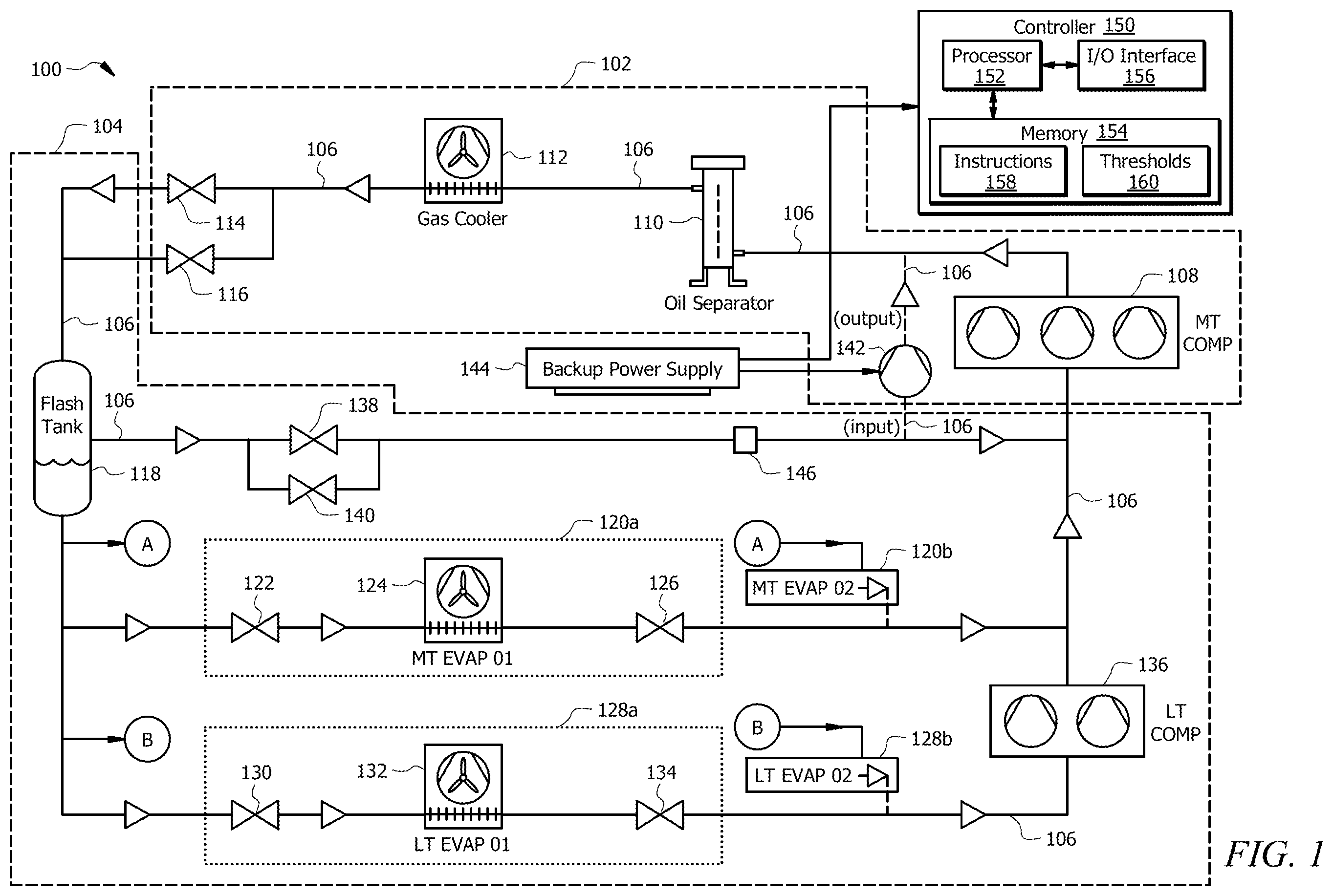 Patent US12345455 — Refrigeration system with emergency cooling using dedicated compressor — Figure 1