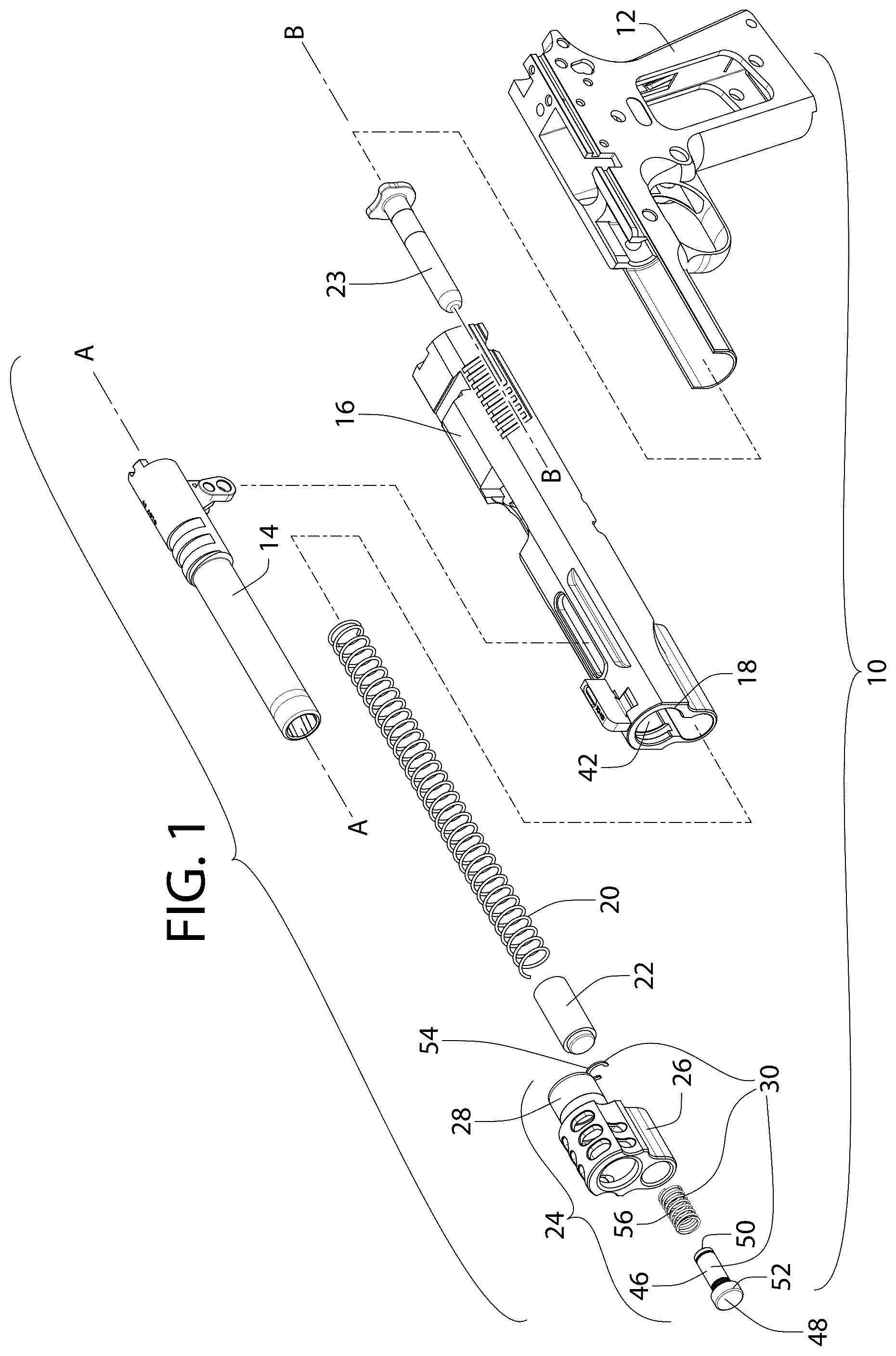 Patent US12345493 — Tool-less takedown bushing/compensator device for pistol — Figure 1