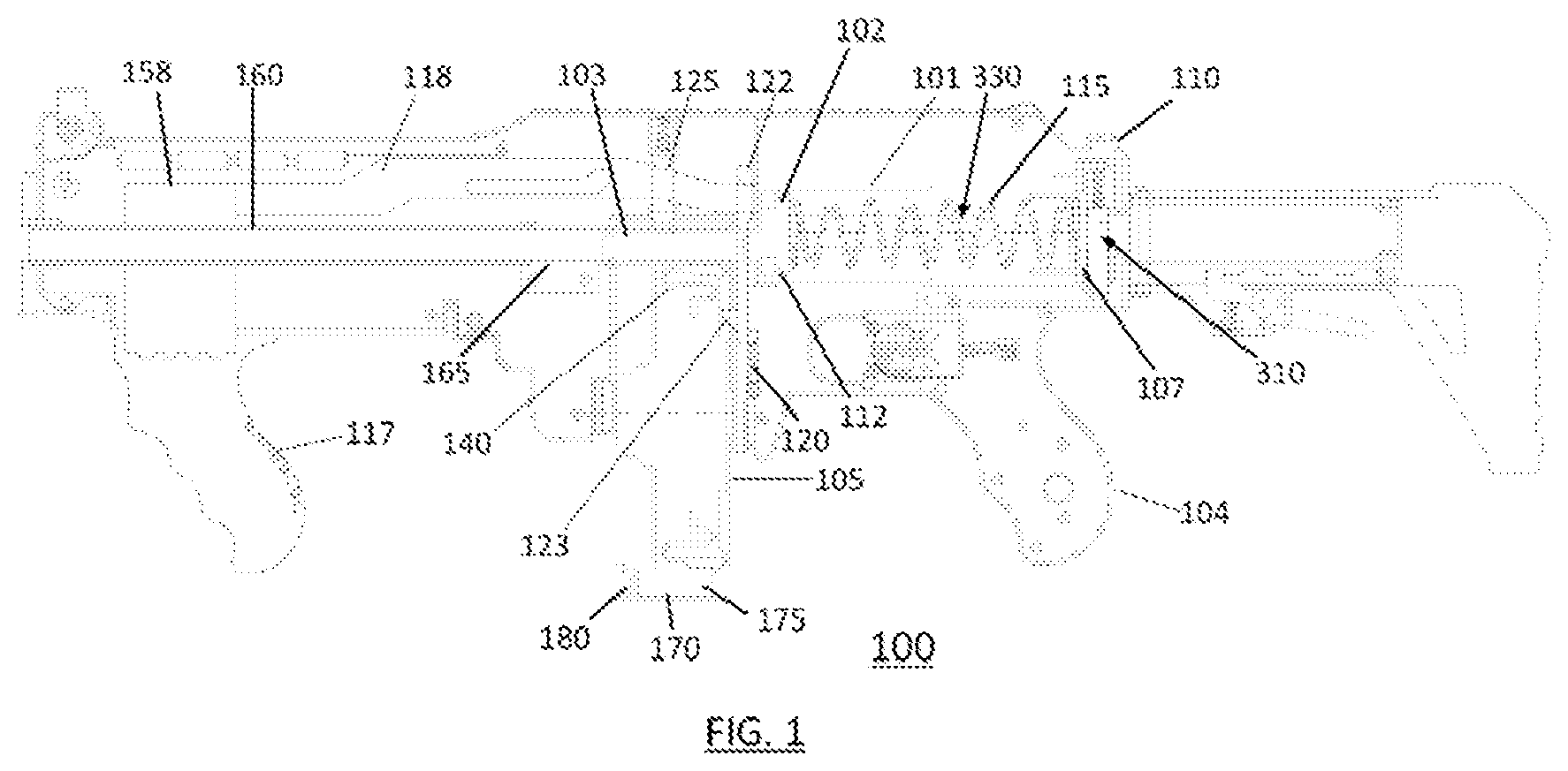 Patent US12345500 — High performance launcher of short projectiles with piston nozzle spring — Figure 1
