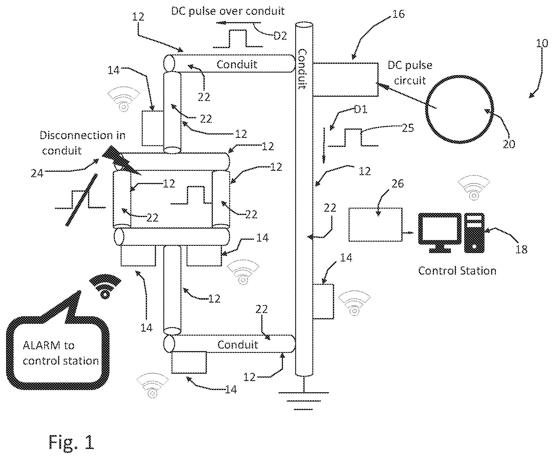 Patent US12345777 Figure 1 – Metallic conduit electrical discontinuity wireless detection system and method