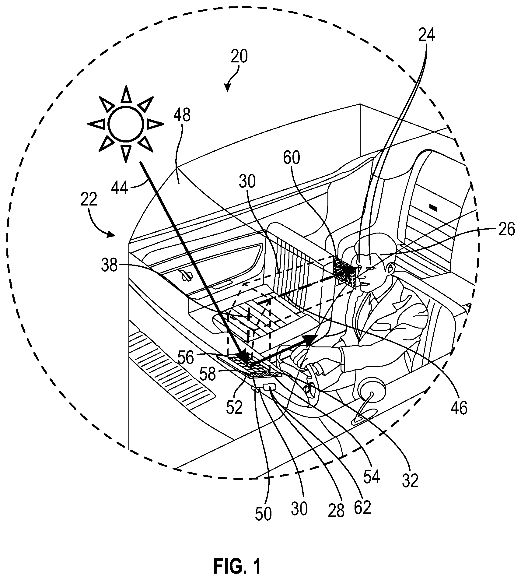 Patent US12345897 — Glare mitigation module for a head-up display system — Figure 1