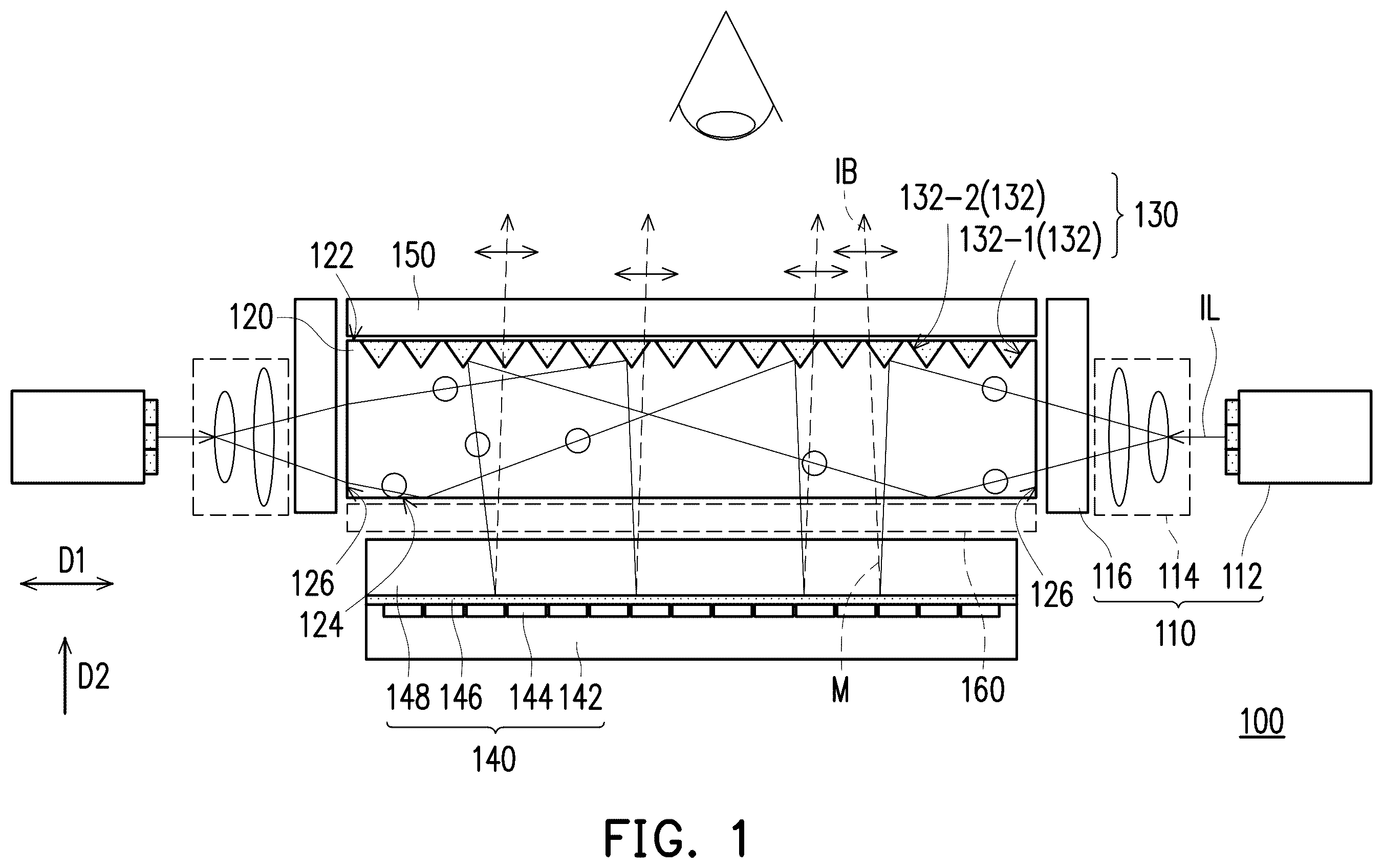 Patent US12345911 — Display device including polarizing beam splitter, sub-reflective elements, reflective polarizer, and reflective display unit — Figure 1
