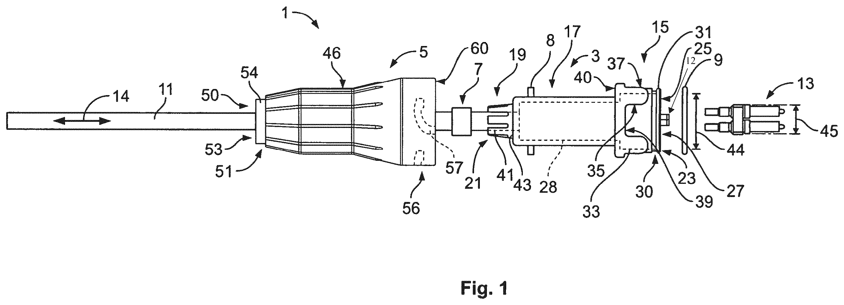 Patent US12345926 — Sealing enclosure for a connector on a cable such as a standardized fiber-optic connector having coordinated bodies radially compressing a cable seal — Figure 1