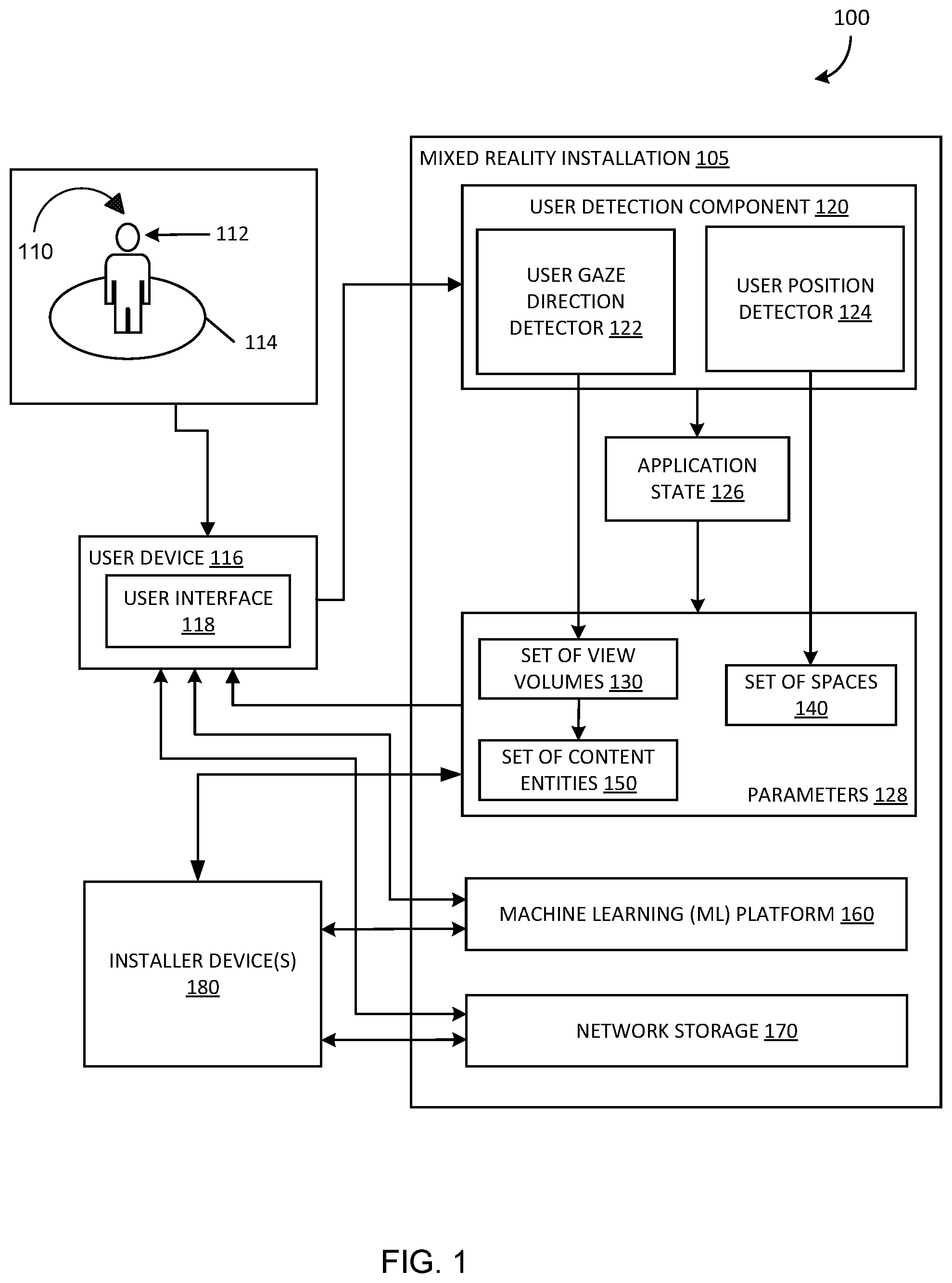 Patent US12347040 — Controlling application state in a mixed reality installation — Figure 1