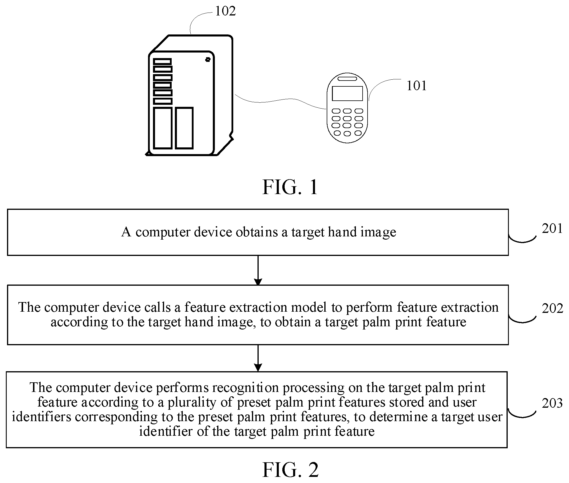 Patent US12347227 — Palm print recognition method, method for training feature extraction model, comprising obtaining sample hand images for user identifiers, calling feature extraction model to extract palm print features, and adjust the feature extraction model according to the sample palm print features — Figure 1