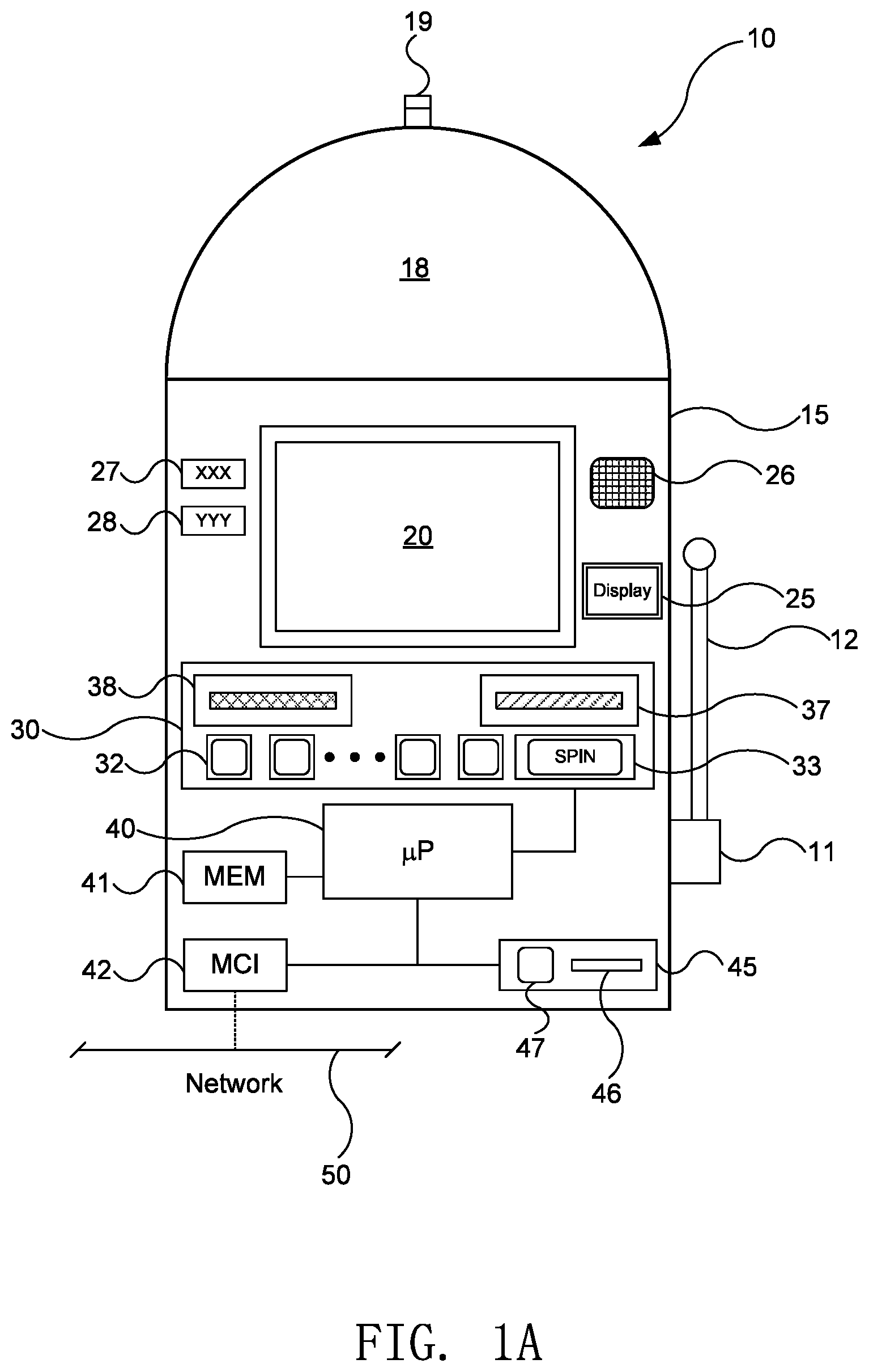 Patent US12347281 — Gaming device having multiple game play option — Figure 1