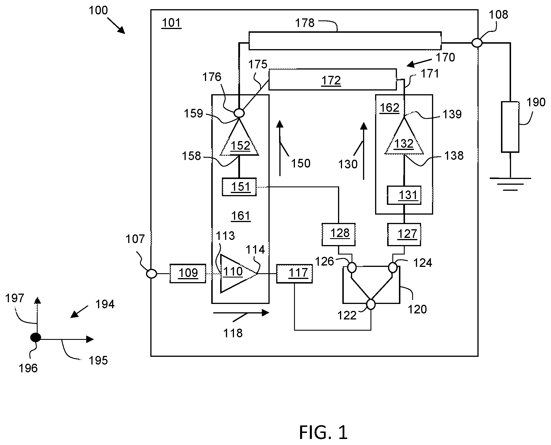 Patent US12347740 — Power amplifier module with transistor dies for multiple amplifier stages on a same heat dissipation structure — Figure 1