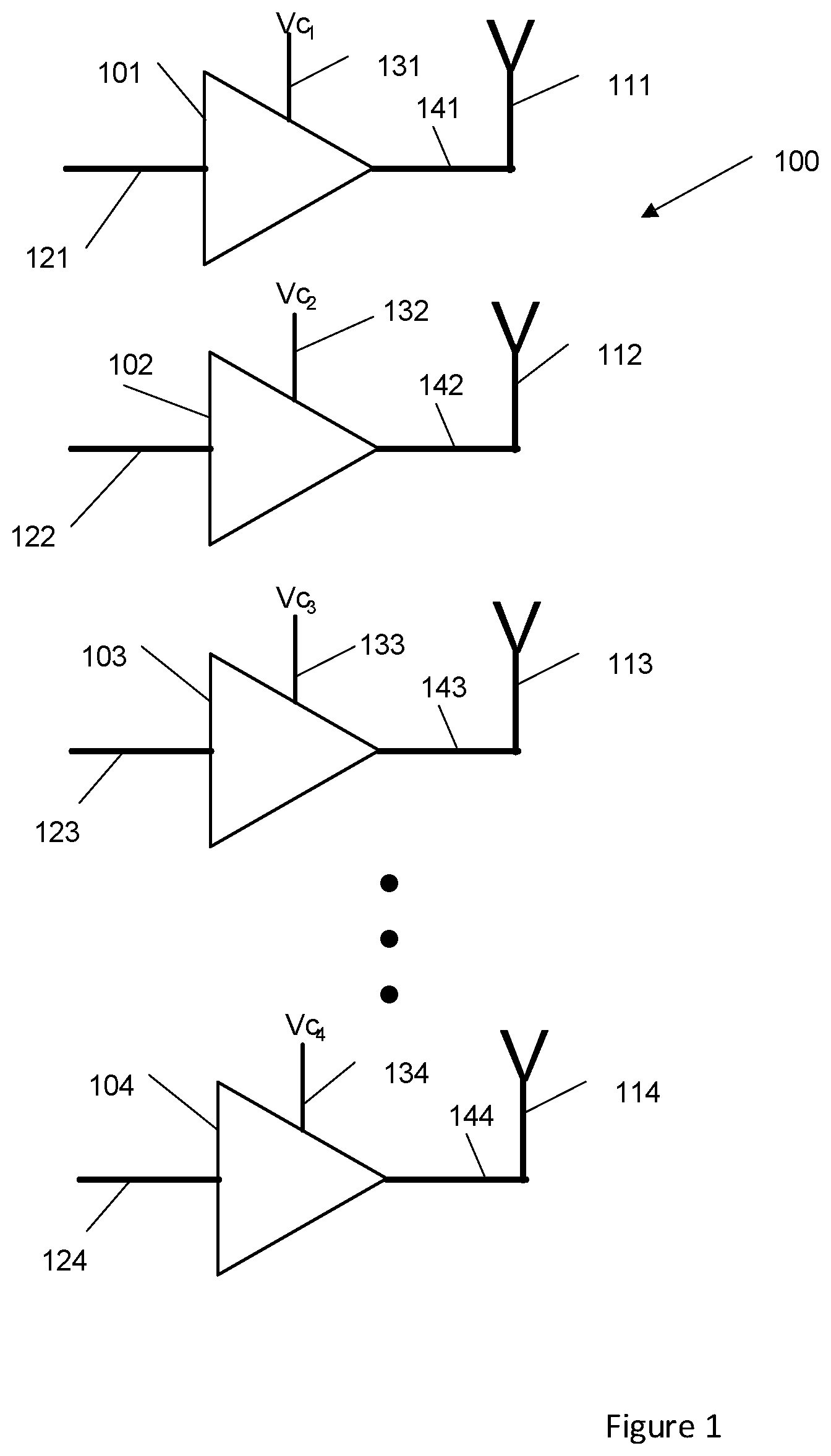 Patent US12347938 — Method and device for controlling the output efficiency of a plurality of amplifiers — Figure 1