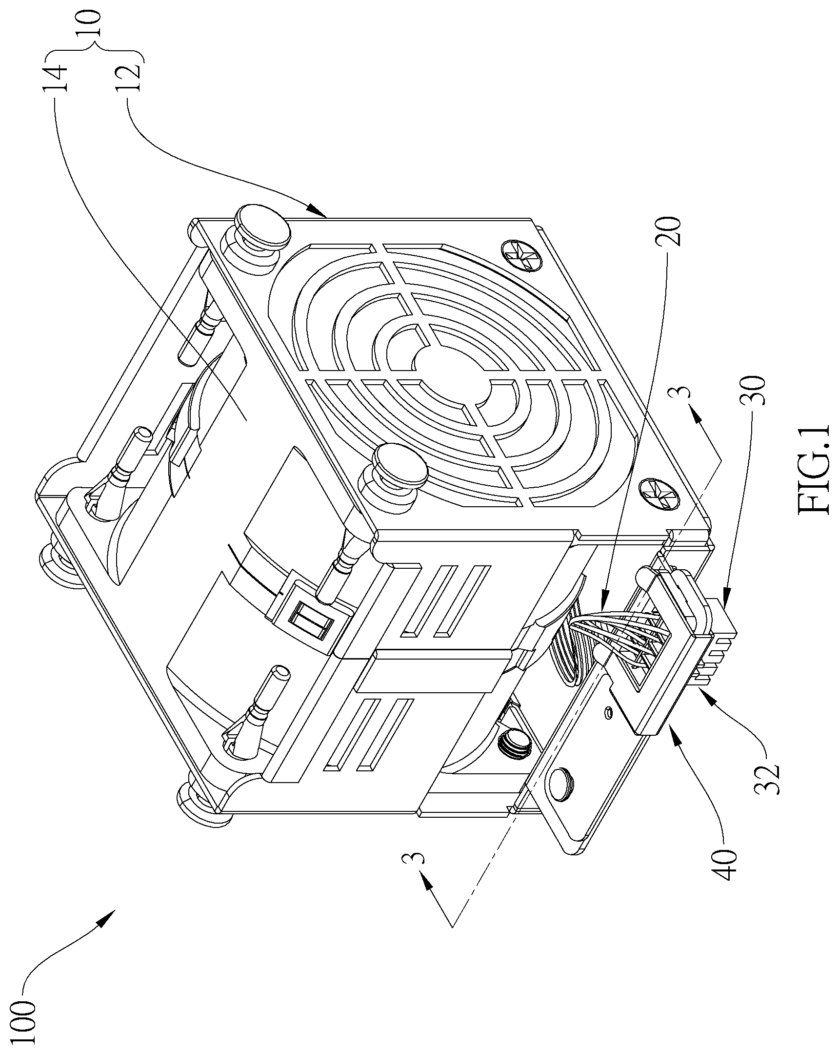 Patent US12347982 Figure 1 – Fan module, electrical device having connector restricting configuration, and a restricting frame