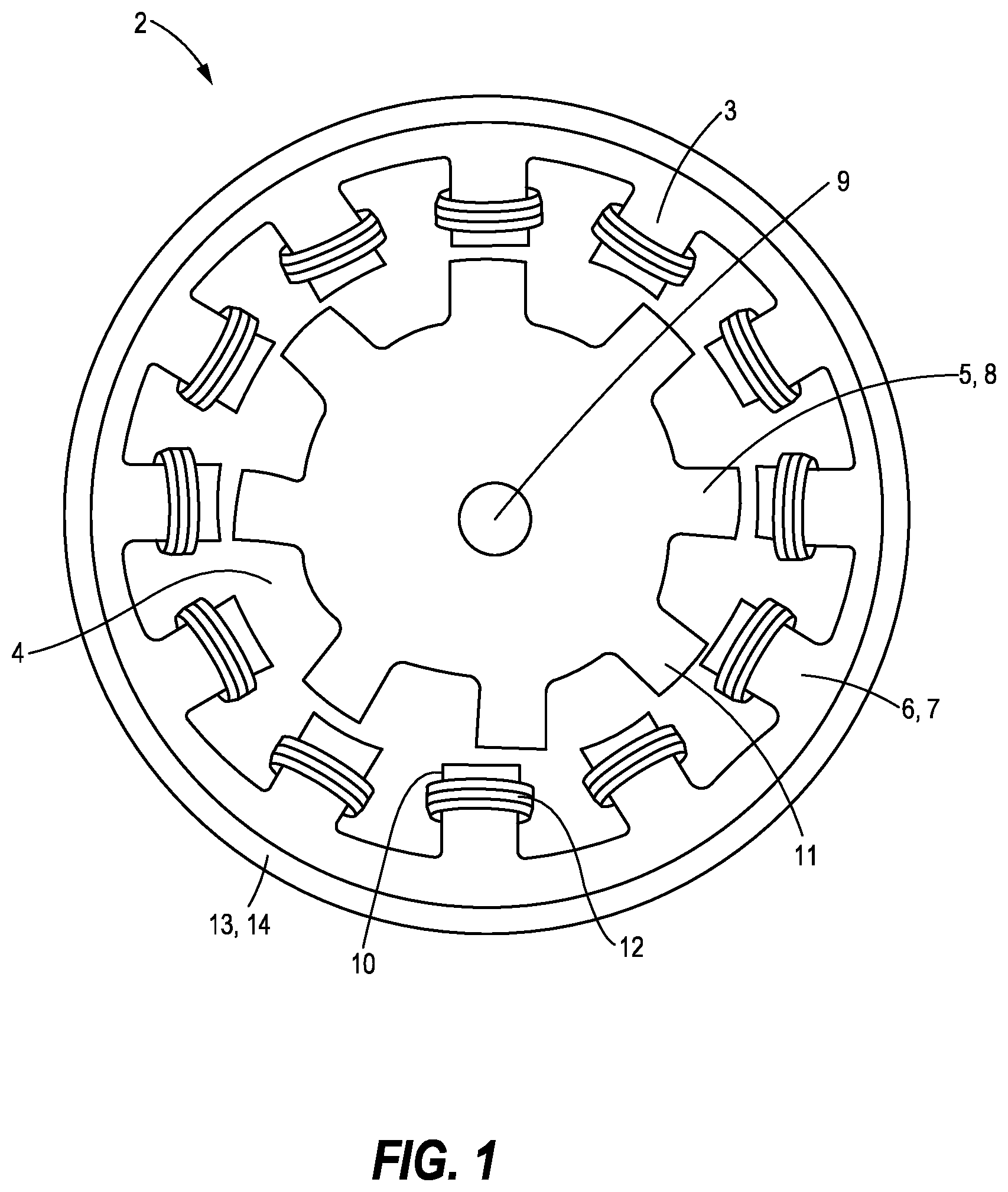 Patent US12348082 — Fluid cooled stator with grooves in stator core — Figure 1