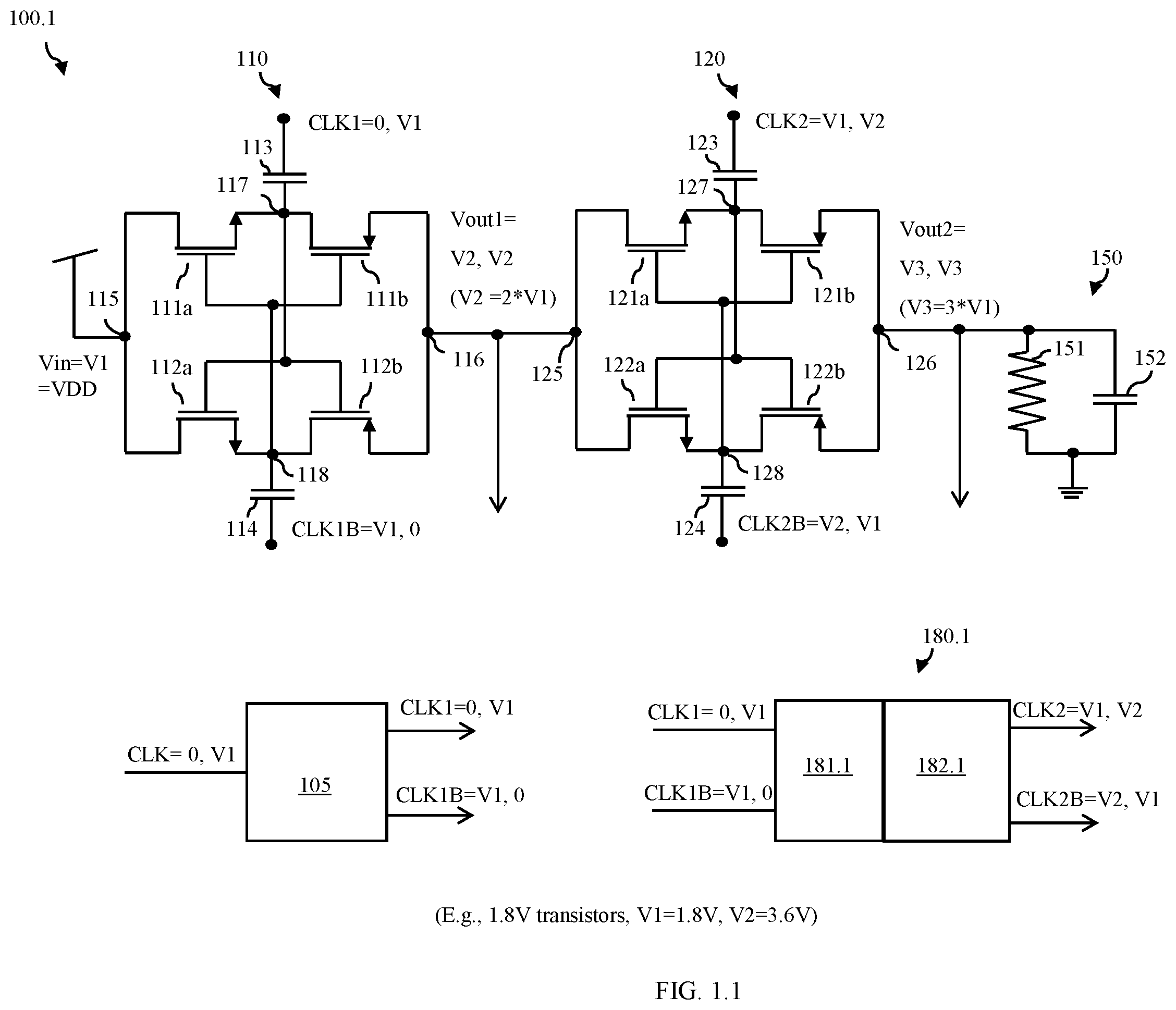 Patent US12348133 — Multi-stage charge pump circuit including voltage level shifter for clock signal generation — Figure 1