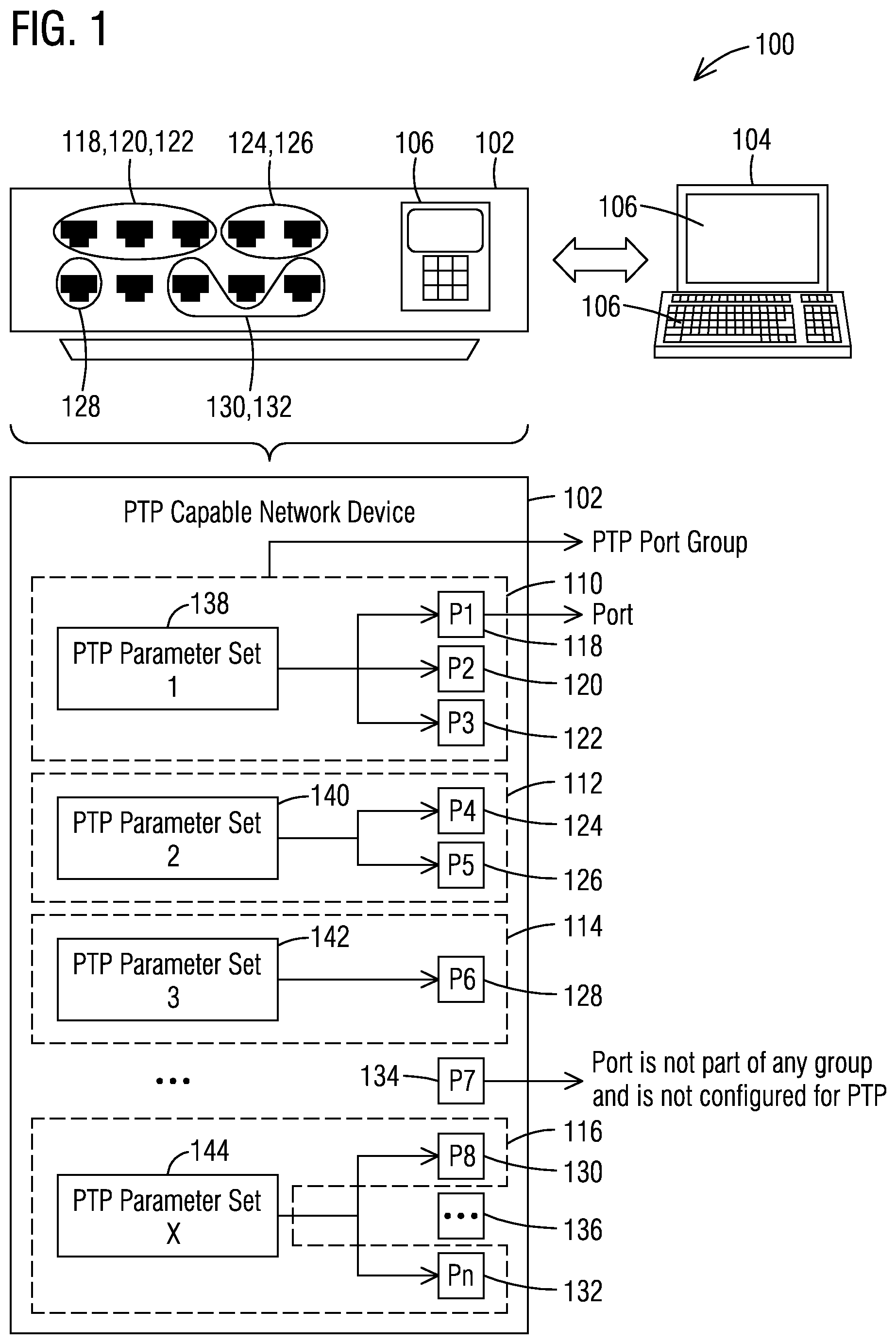 Patent US12348604 — System and method for configuring multiple PTP ports of a network device — Figure 1