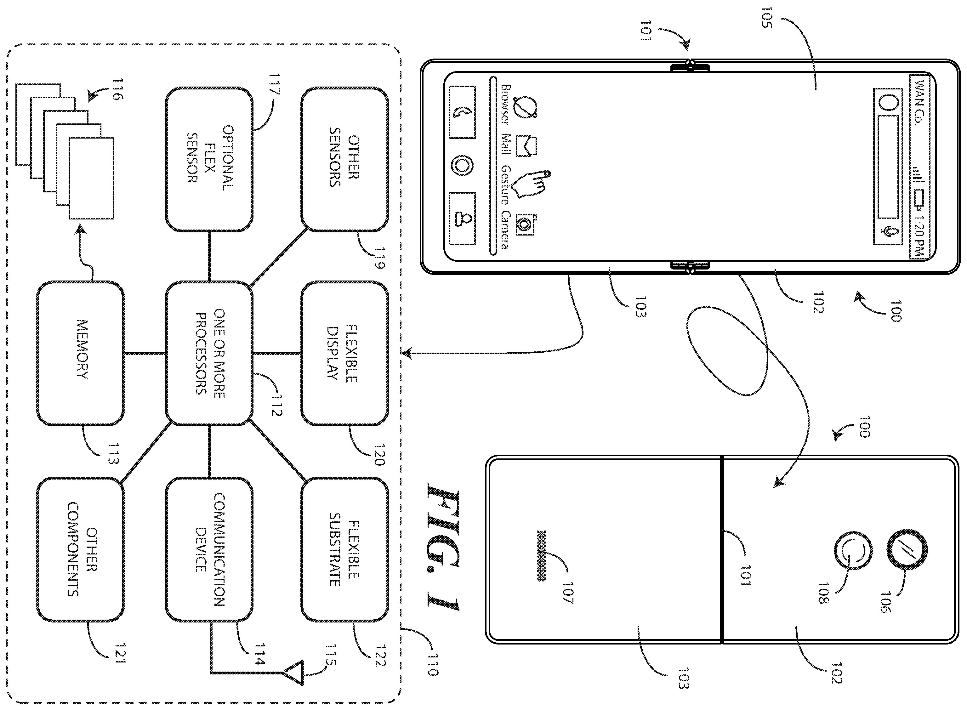 Patent US12348657 — Hinged electronic device with flexible substrate having dynamic regions defining one or more apertures — Figure 1