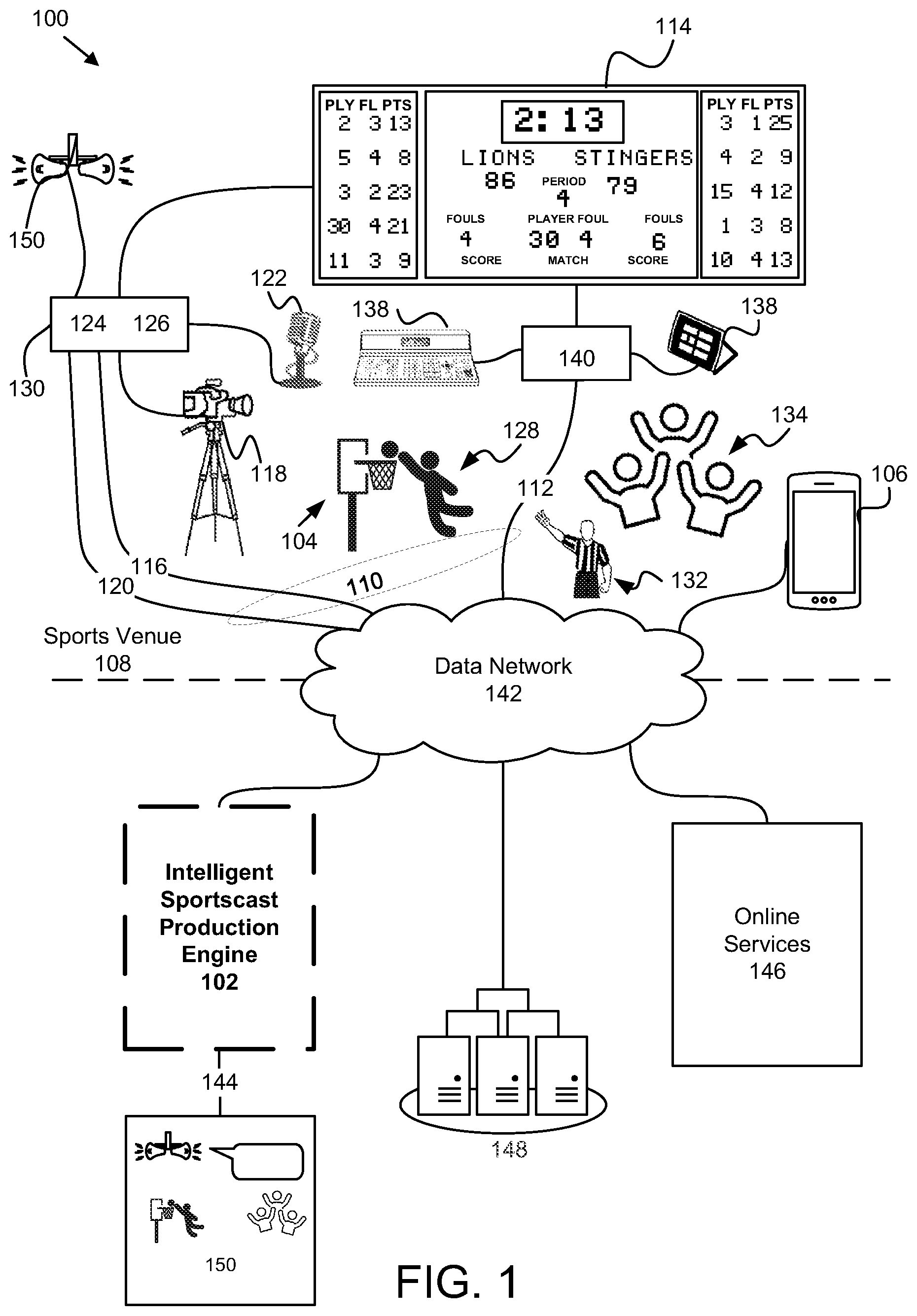 Patent US12348839 — Intelligent media production for enhanced streaming of a live sporting event — Figure 1