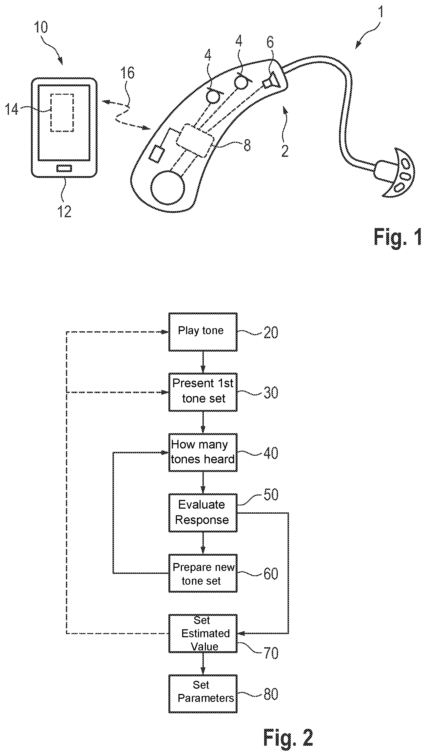 Patent US12350038 — Method for determining the auditory threshold of a test subject, hearing aid system, method for setting hearing aid parameters and computer readable medium for performing the method — Figure 1