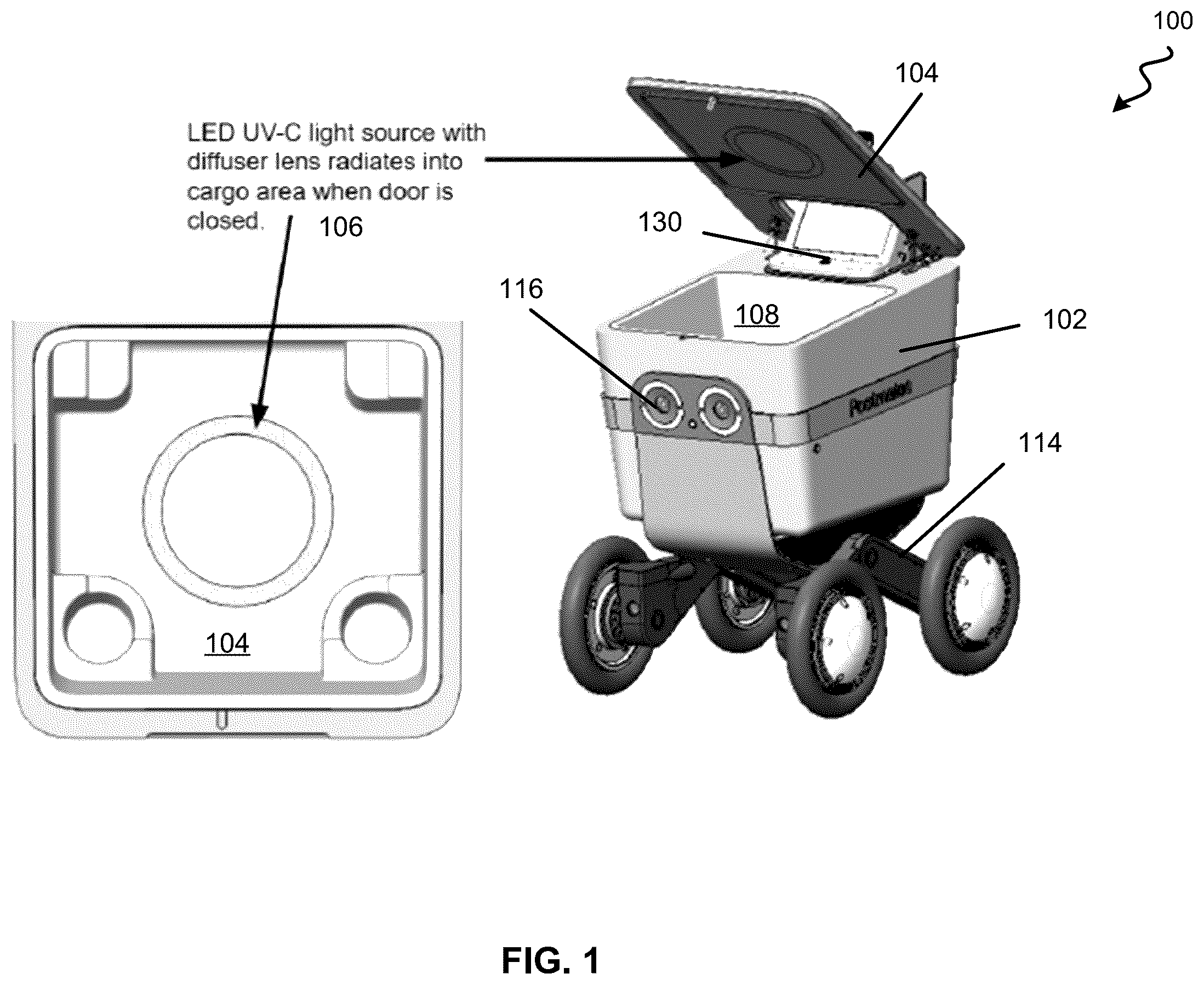 Patent US12350392 Figure 1 – Self sanitizing storage of a delivery robot