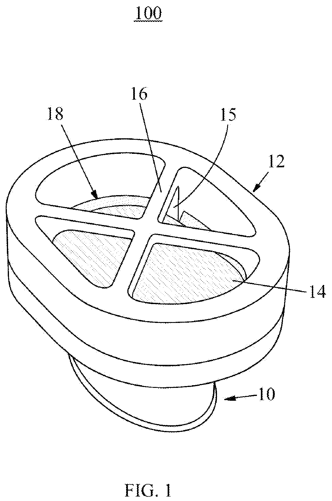 Patent US12350551 Figure 1 – Mouth insert for one-way breathing