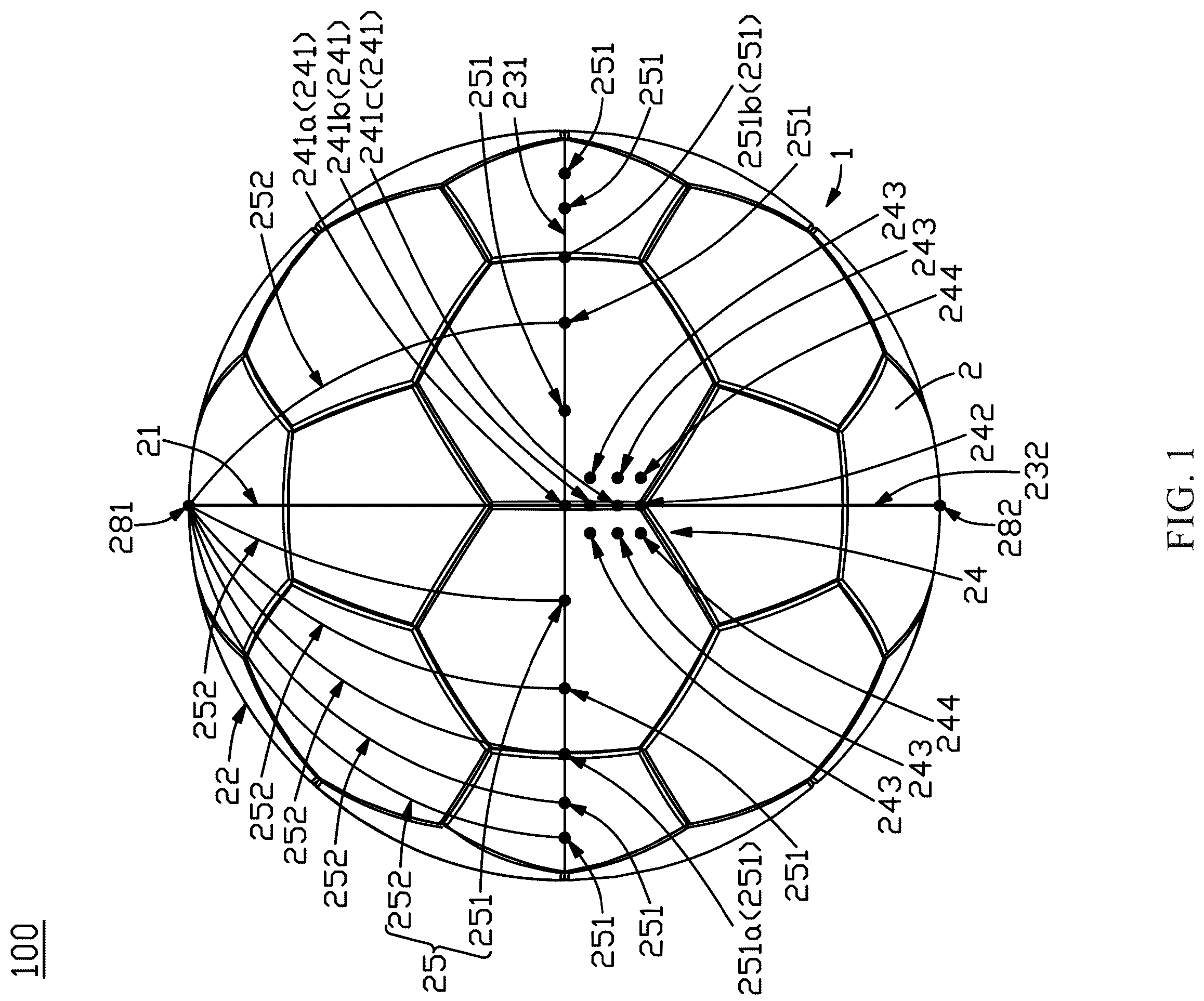 Patent US12350565 — Soccer ball and soccer training assembly — Figure 1