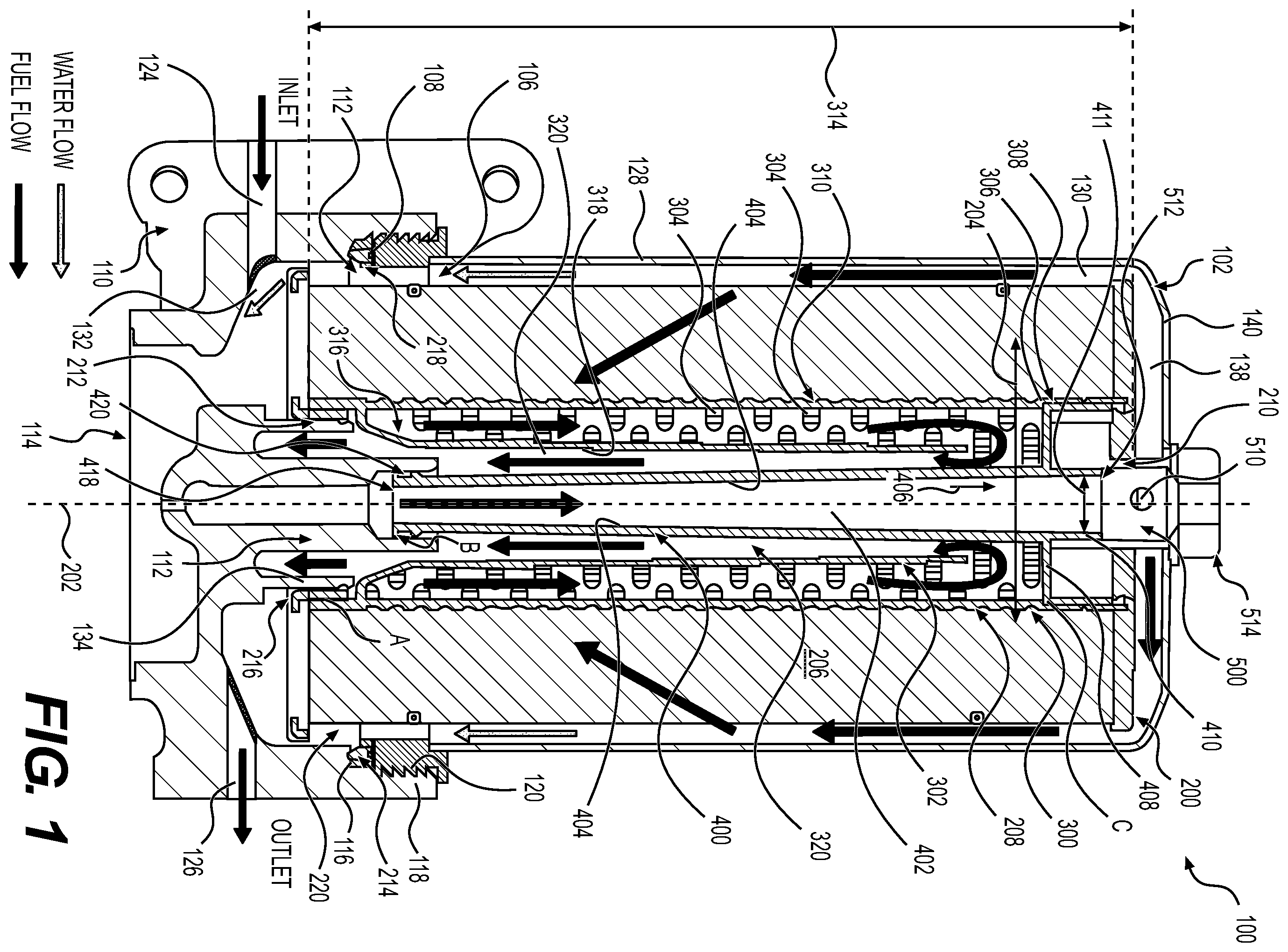 Patent US12350608 — Fuel filter passage for downward fuel flow direction — Figure 1