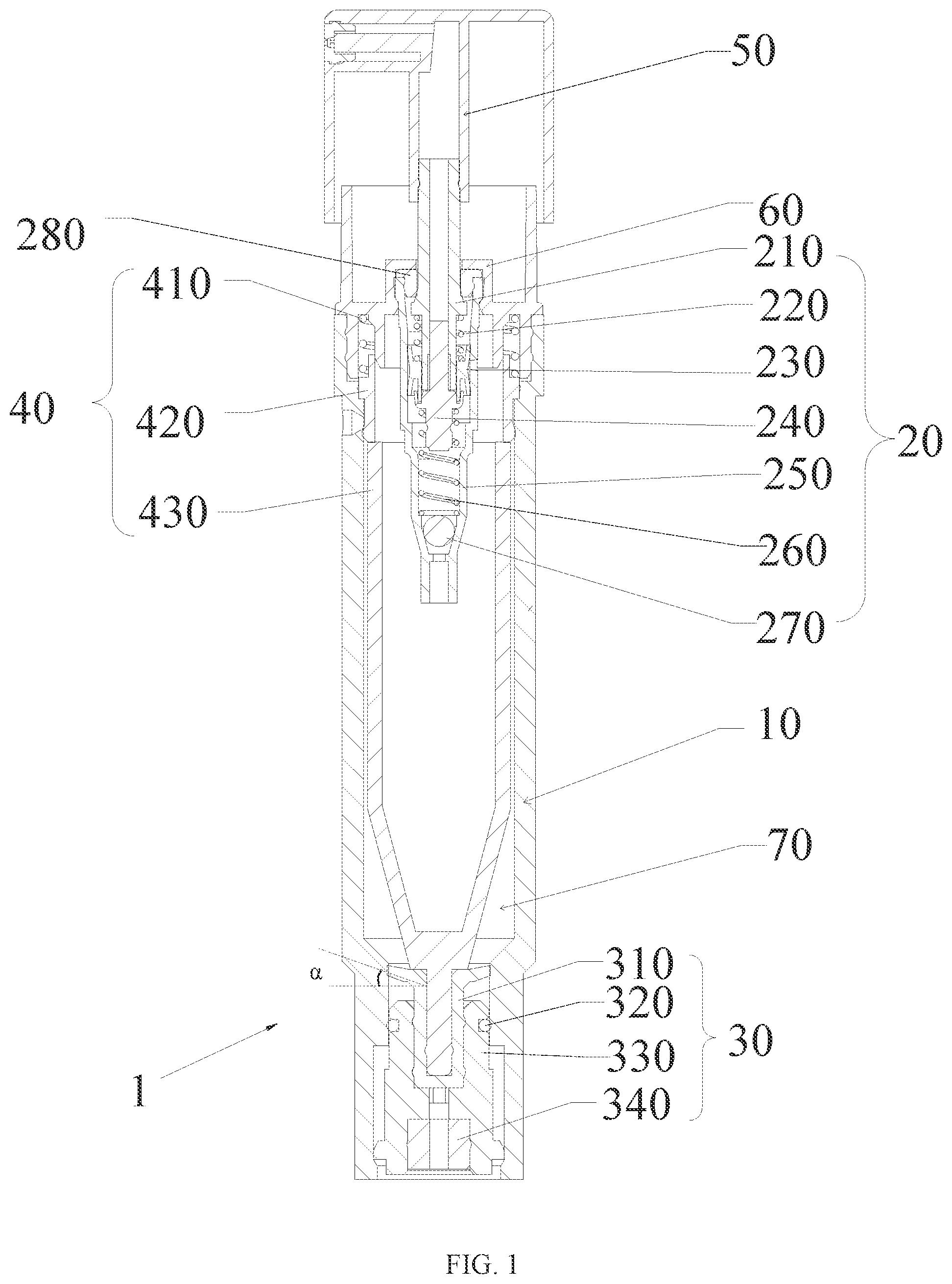 Patent US12350691 Figure 1 – Bottom-fillable spray bottle