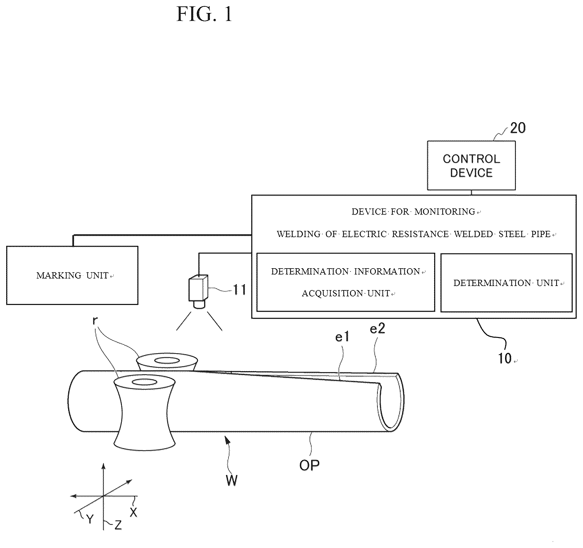 Patent US12350753 Figure 1 – Method for monitoring welding of electric resistance welded steel pipe, method for manufacturing electric resistance welded steel pipe, device for monitoring welding of electric resistance welded steel pipe, and device for manufacturing electric resistance welded steel pipe