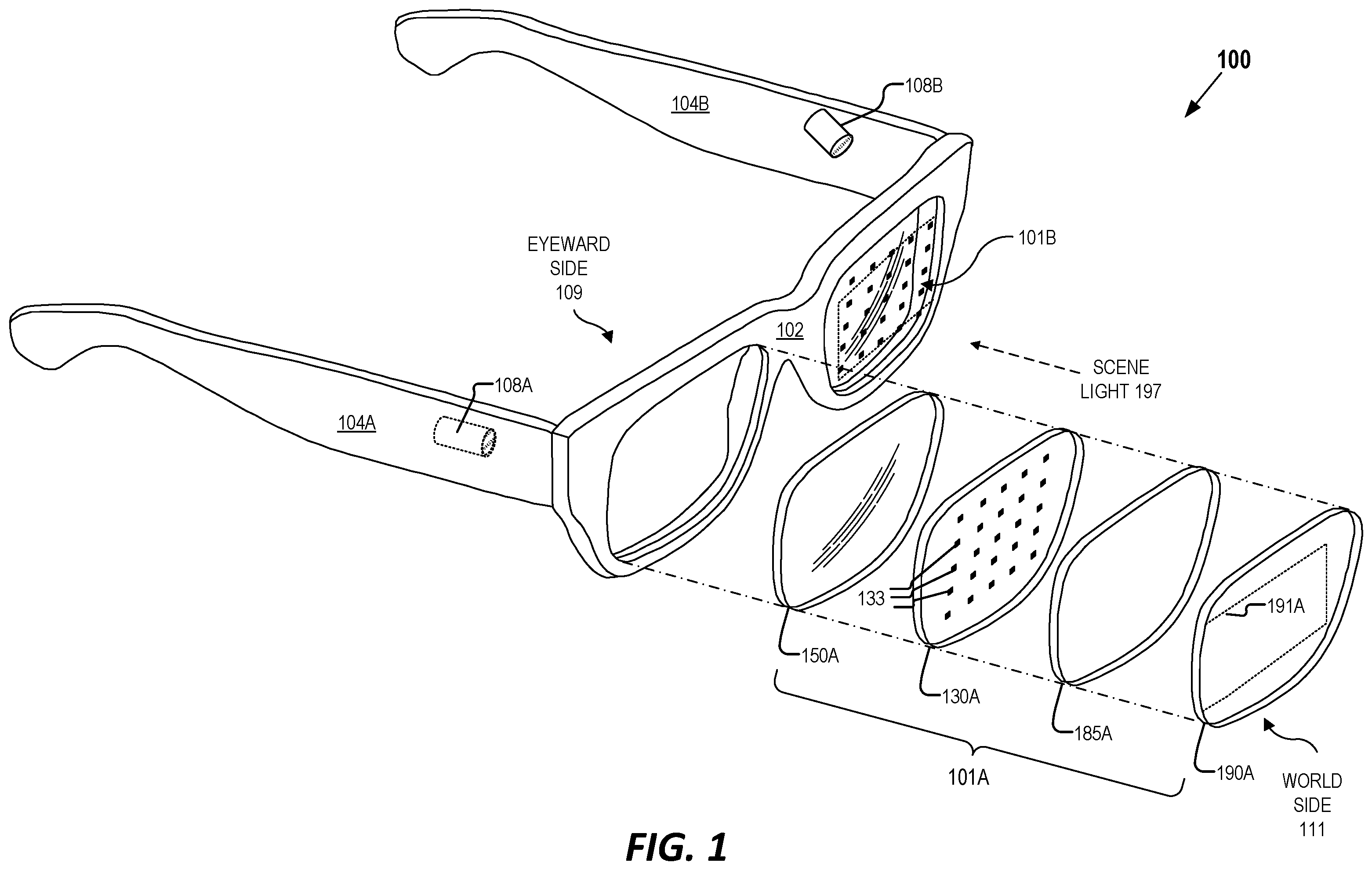 Patent US12350897 Figure 1 – Optical component with illumination layer and lens curvature