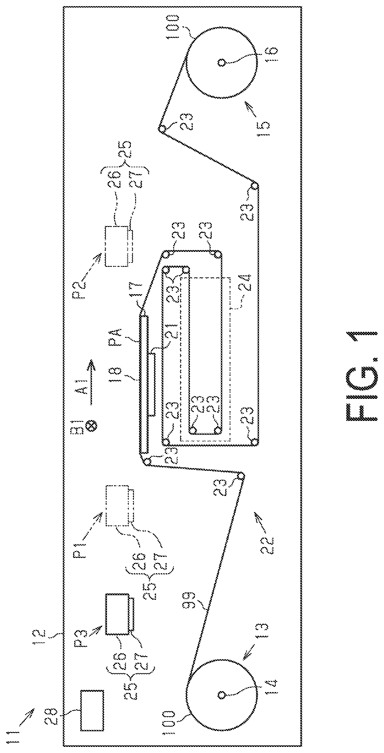Patent US12350945 — Printing apparatus and method of printing for intermittantly transporting a medium — Figure 1
