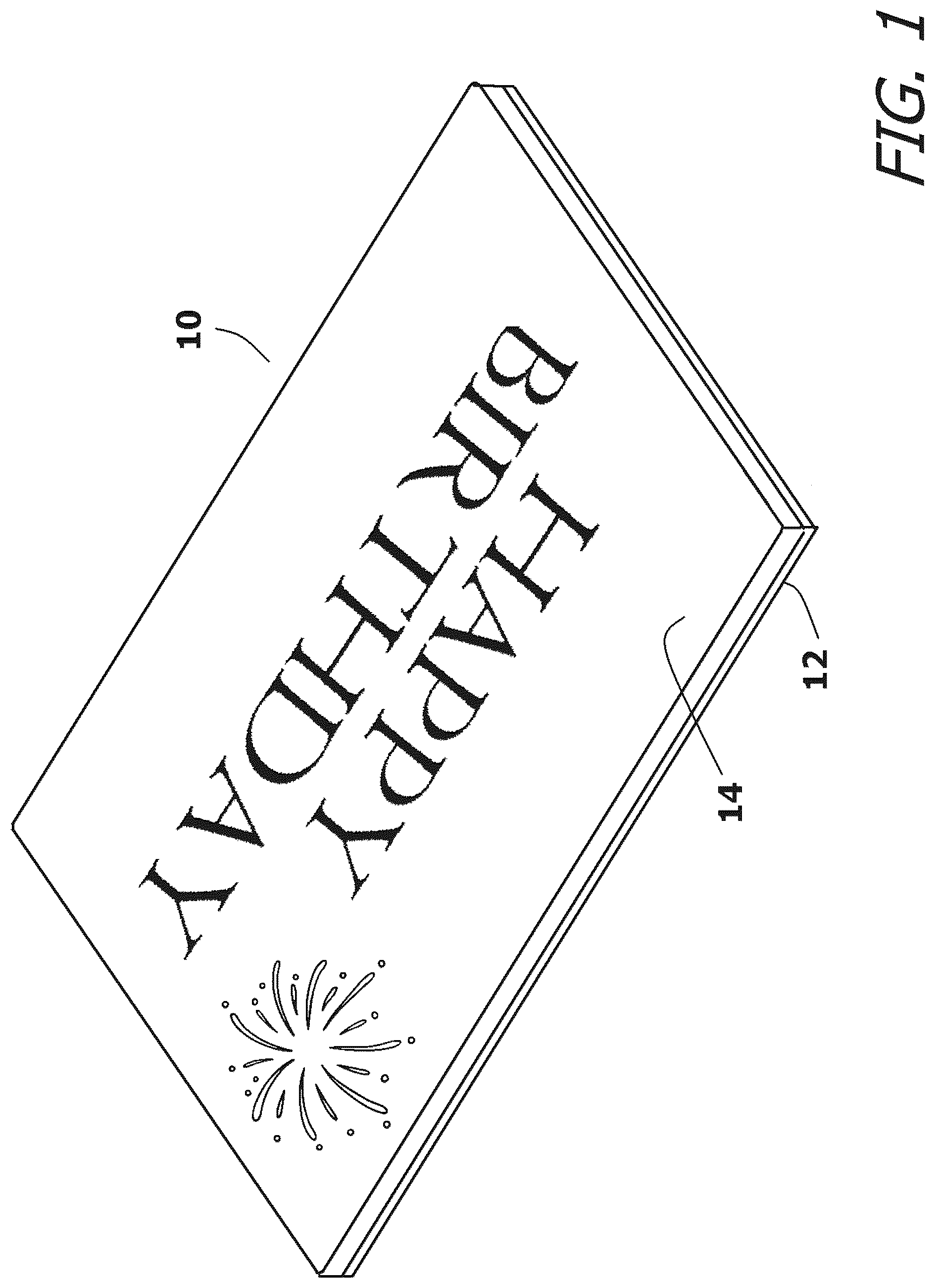 Patent US12350949 — Greeting card assembly with simulated background fireworks — Figure 1