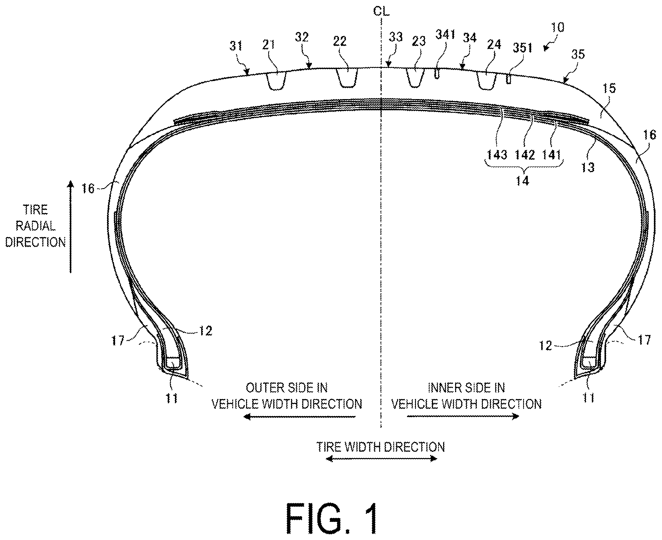 Patent US12350969 — Pneumatic tire — Figure 1