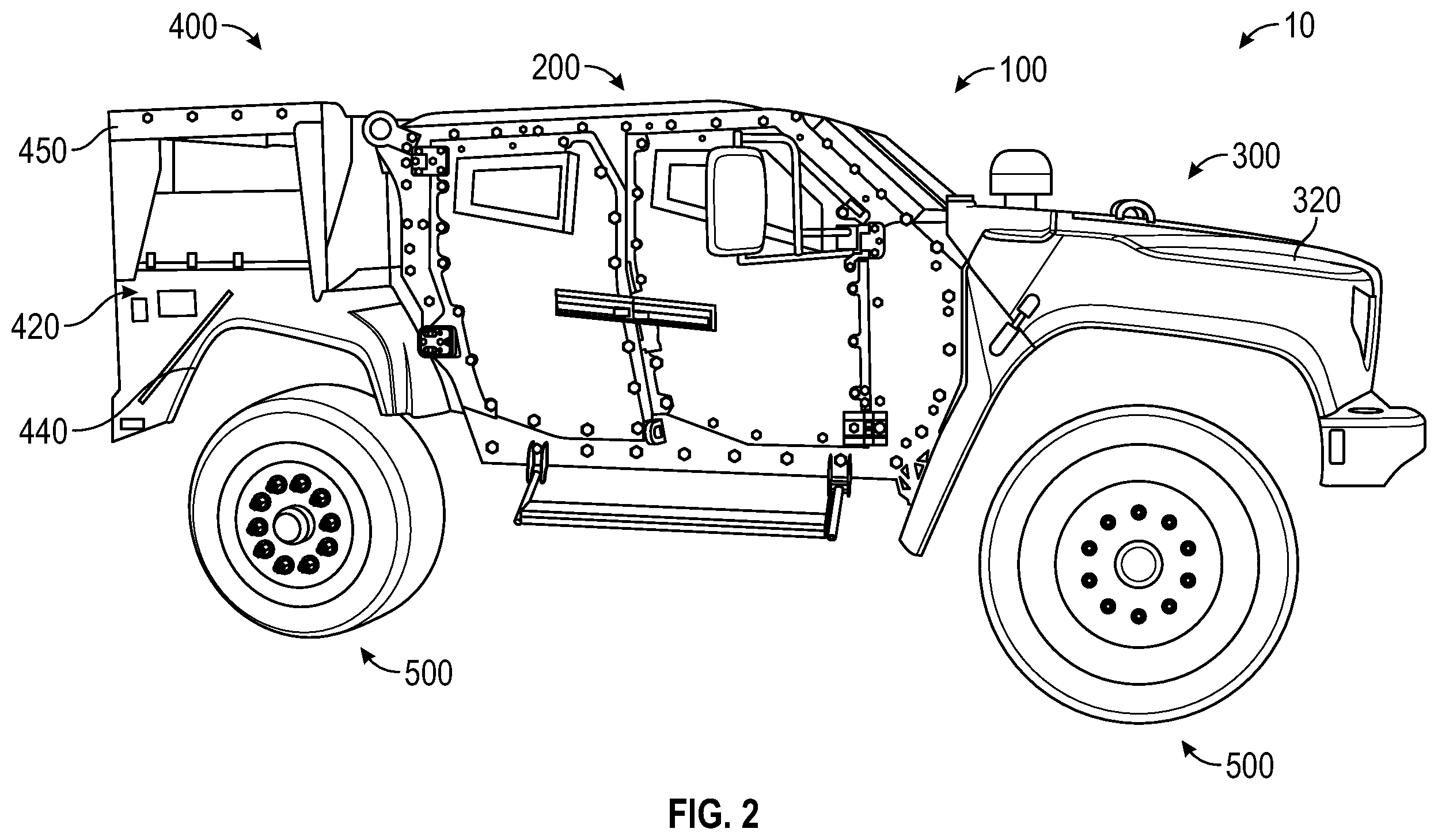 Patent US12351028 Figure 2 – Military vehicle with modular battery units
