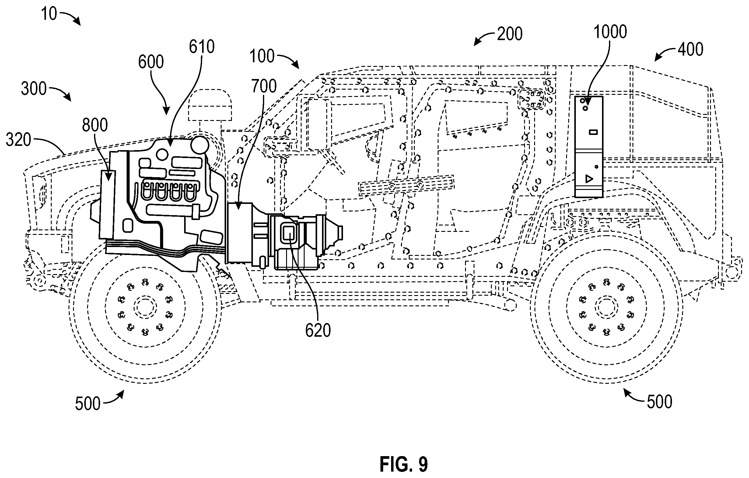 Patent US12351028 Figure 9 – Military vehicle with modular battery units