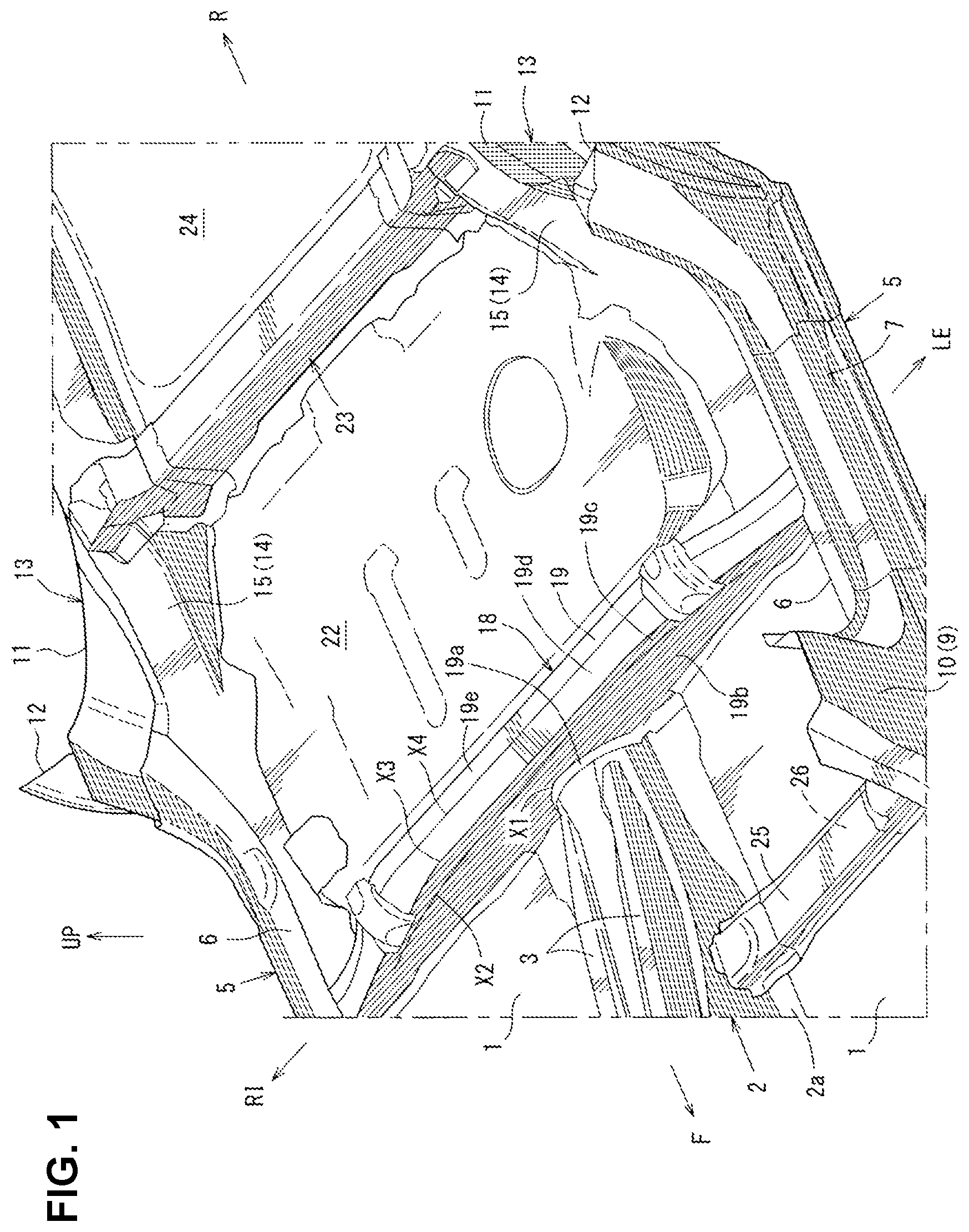 Patent US12351029 — Lower vehicle-body structure of vehicle — Figure 1
