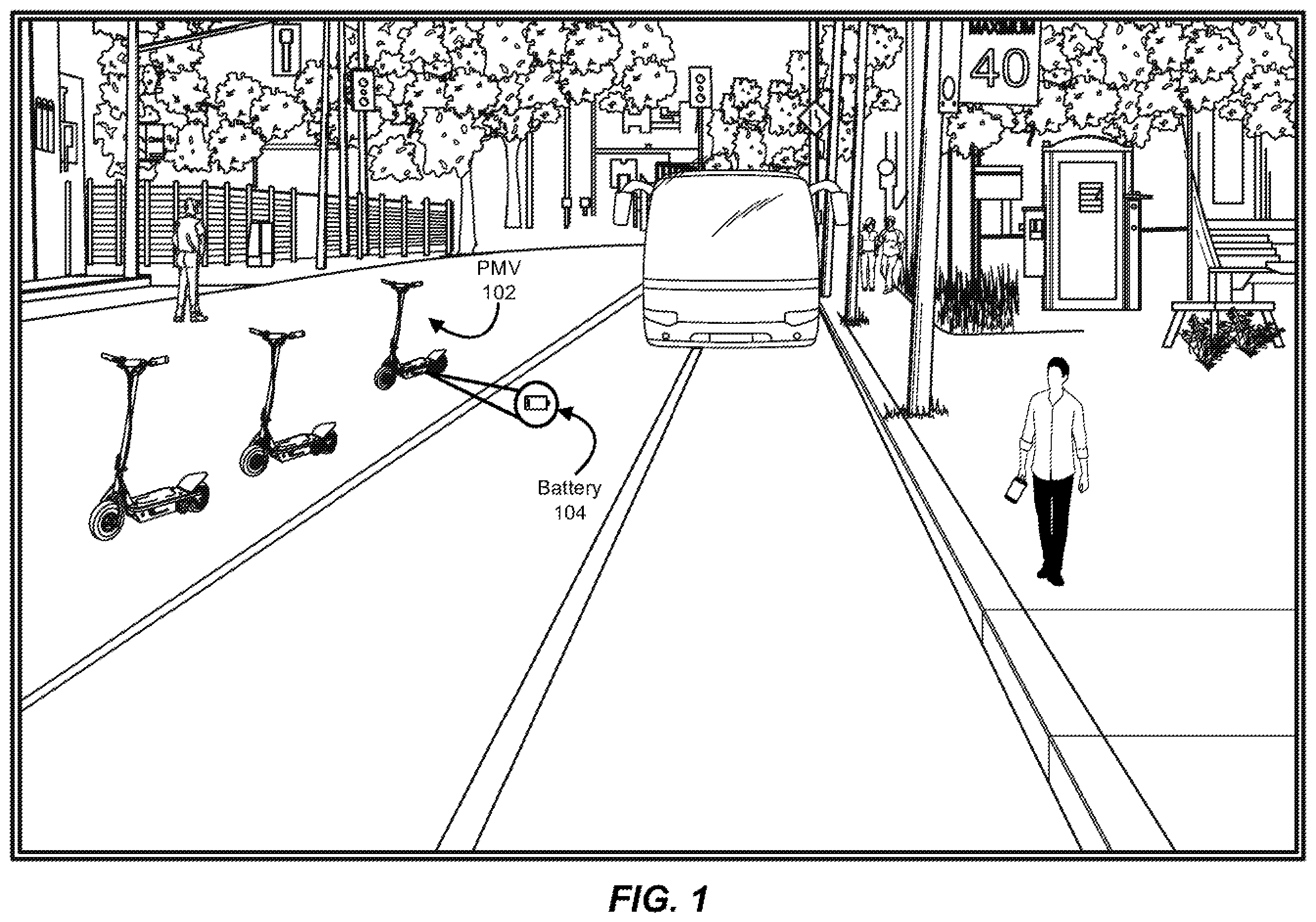 Patent US12351053 Figure 1 – Apparatus, systems, and methods for charging personal mobility vehicles via docks