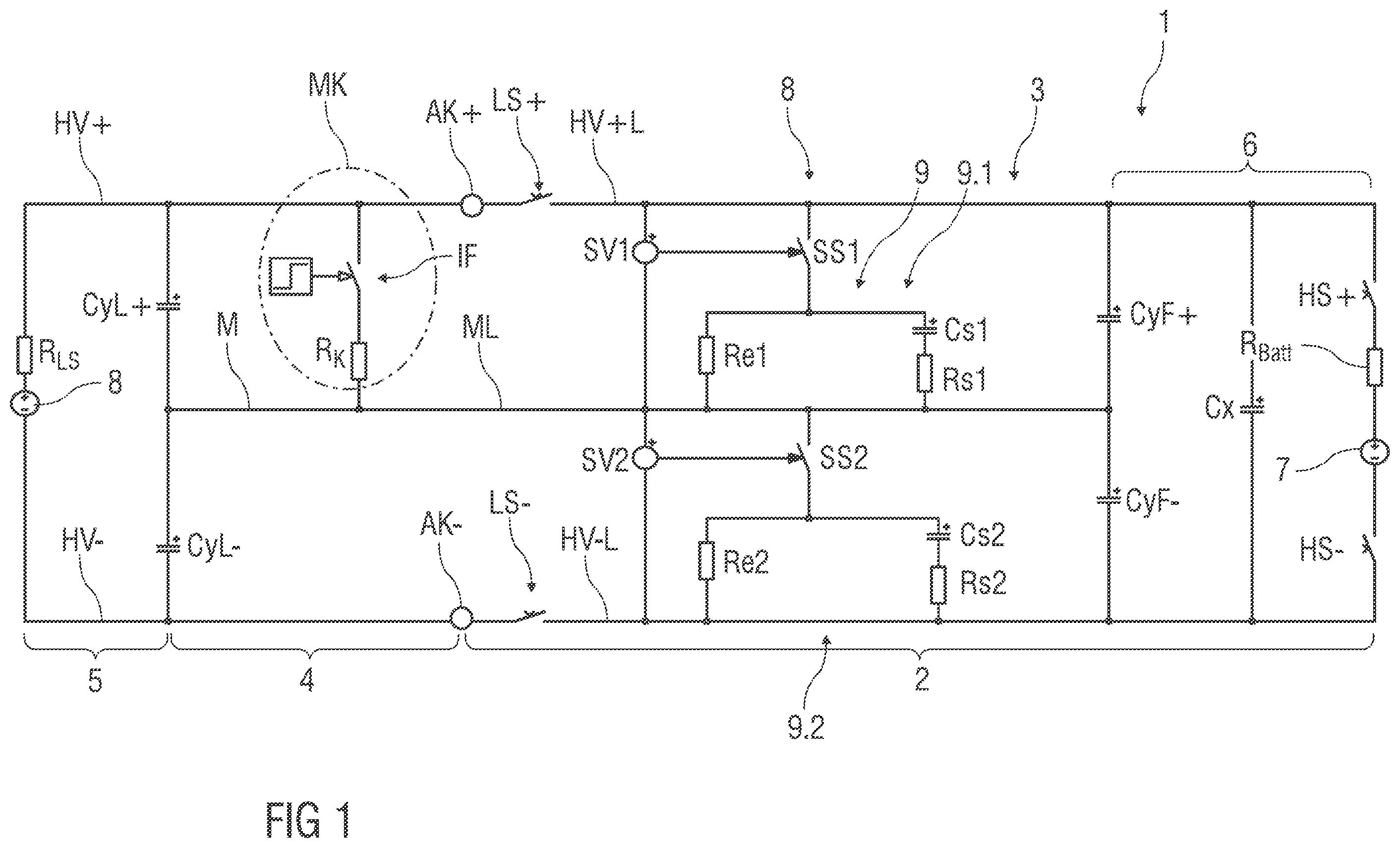 Patent US12351057 — Protection device for an electric dc grid, on-board electrical system for a vehicle, vehicle, and dc charging station — Figure 1