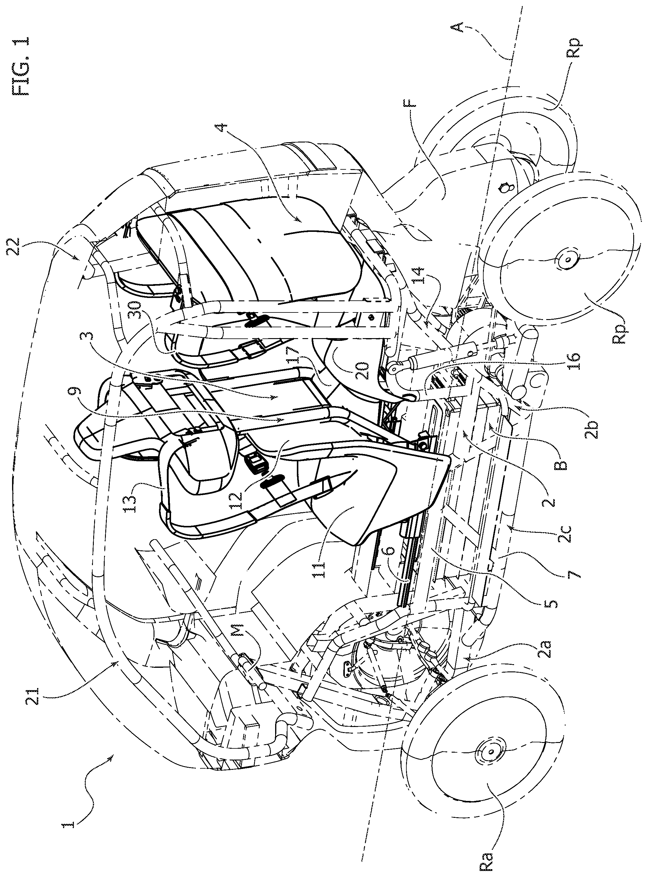 Patent US12351084 — Vehicle structure with facilitated access for the passenger — Figure 1