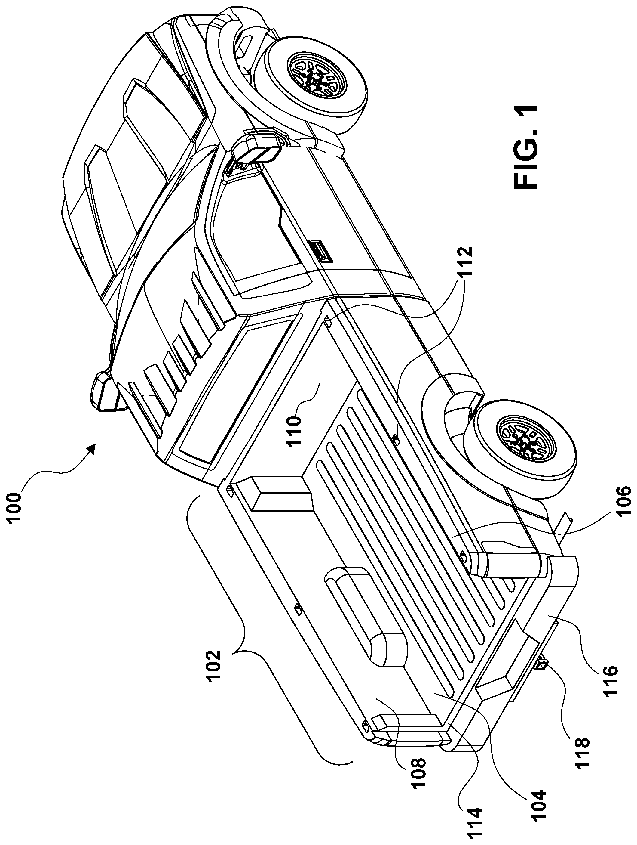 Patent US12351094 Figure 1 – Convertible ramp body for use with vehicles having cargo beds, a combination vehicle and convertible ramp body, and/or a method of loading rolling tools into a cargo bed of a vehicle using a convertible ramp body