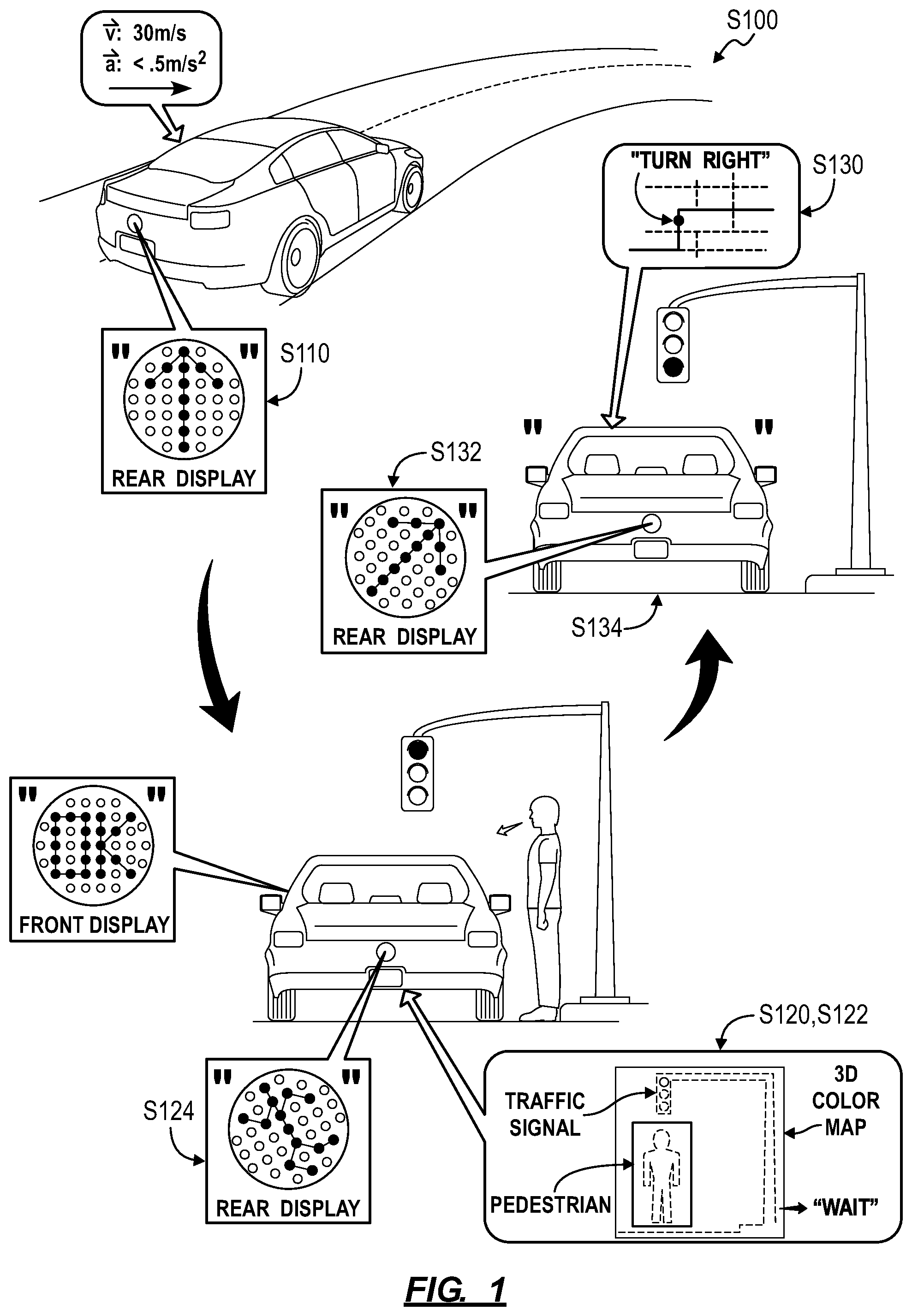 Patent US12351105 Figure 1 – Methods for communicating state, intent, and context of an autonomous vehicle