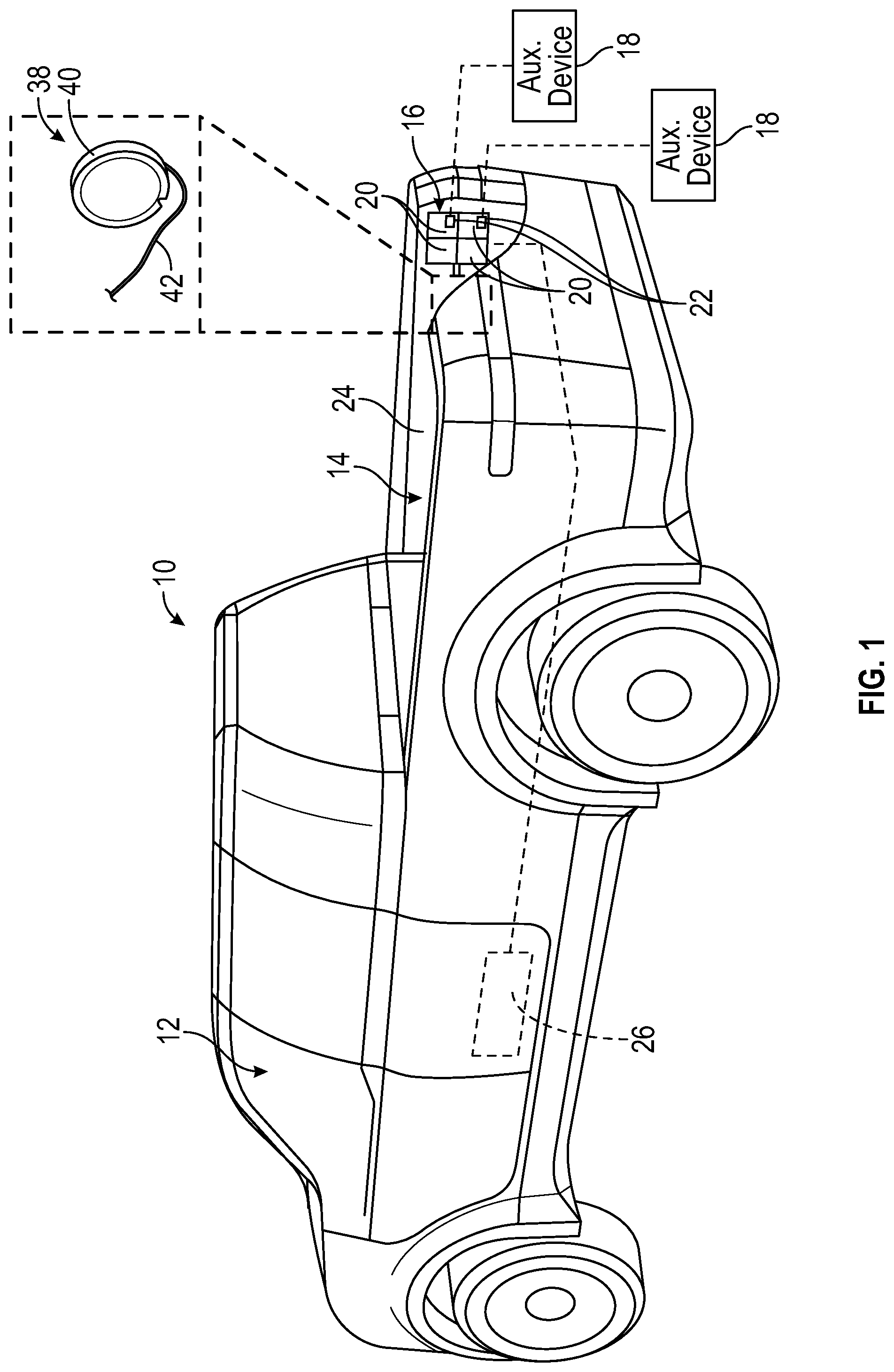 Patent US12351114 — Vehicle remote power supply systems with integrated retractable extension cords — Figure 1