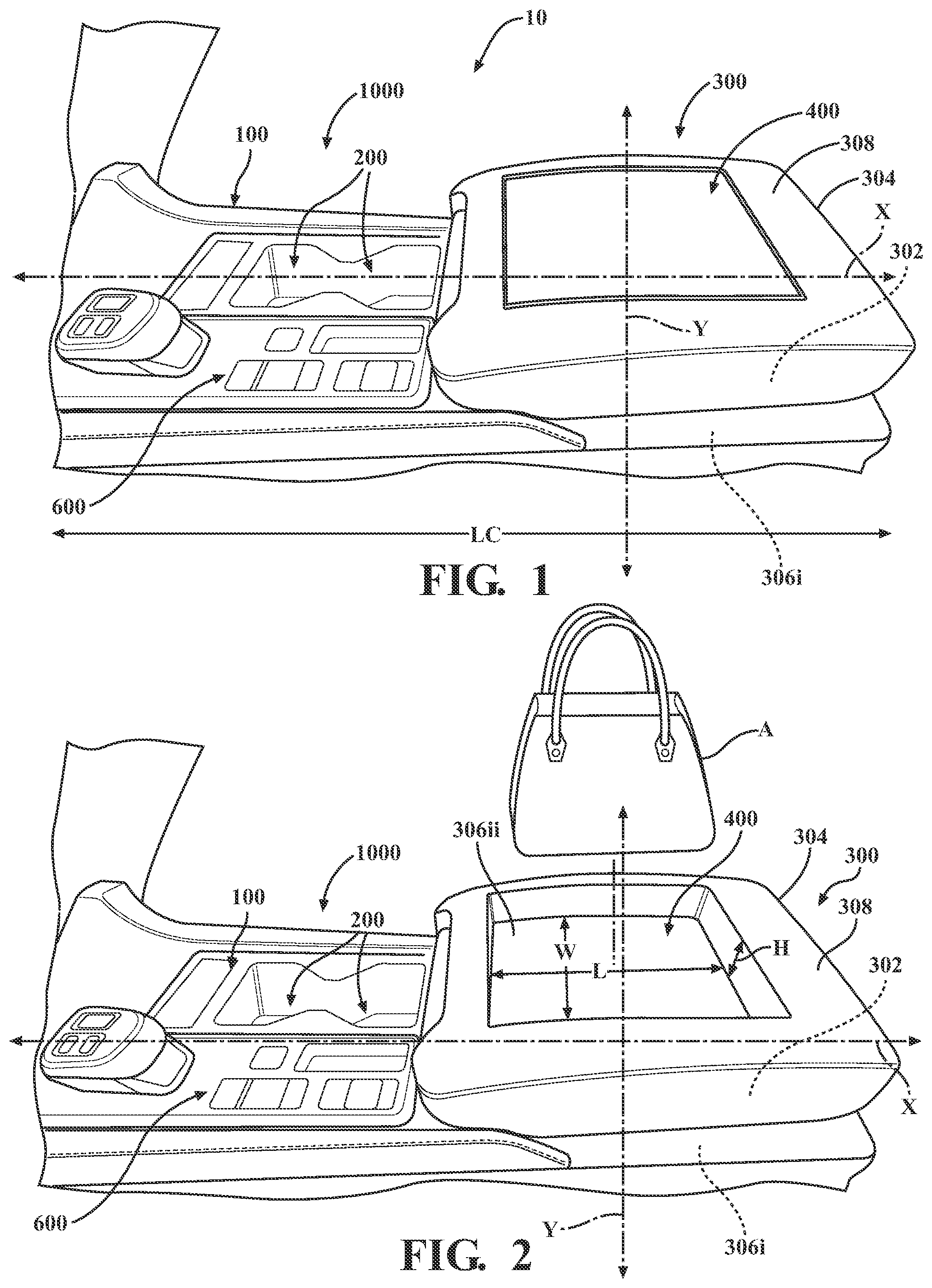 Patent US12351131 Figure 1 – Vehicle consoles including storage compartments