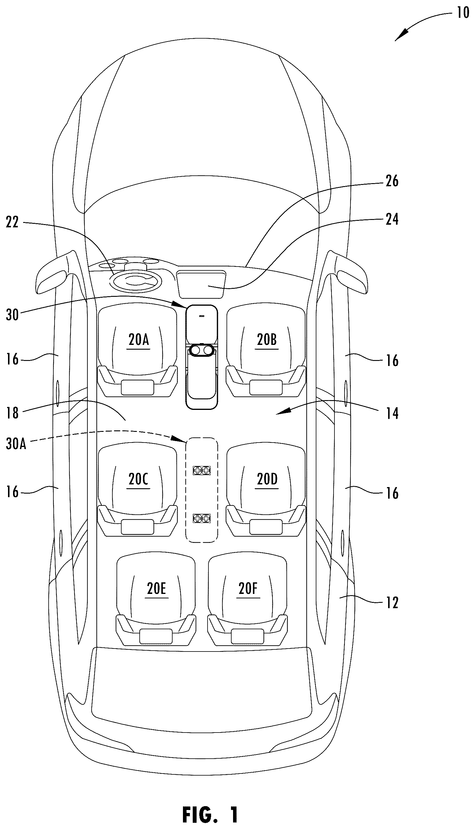 Patent US12351134 — Vehicle console having ride share and/or delivery service features — Figure 1