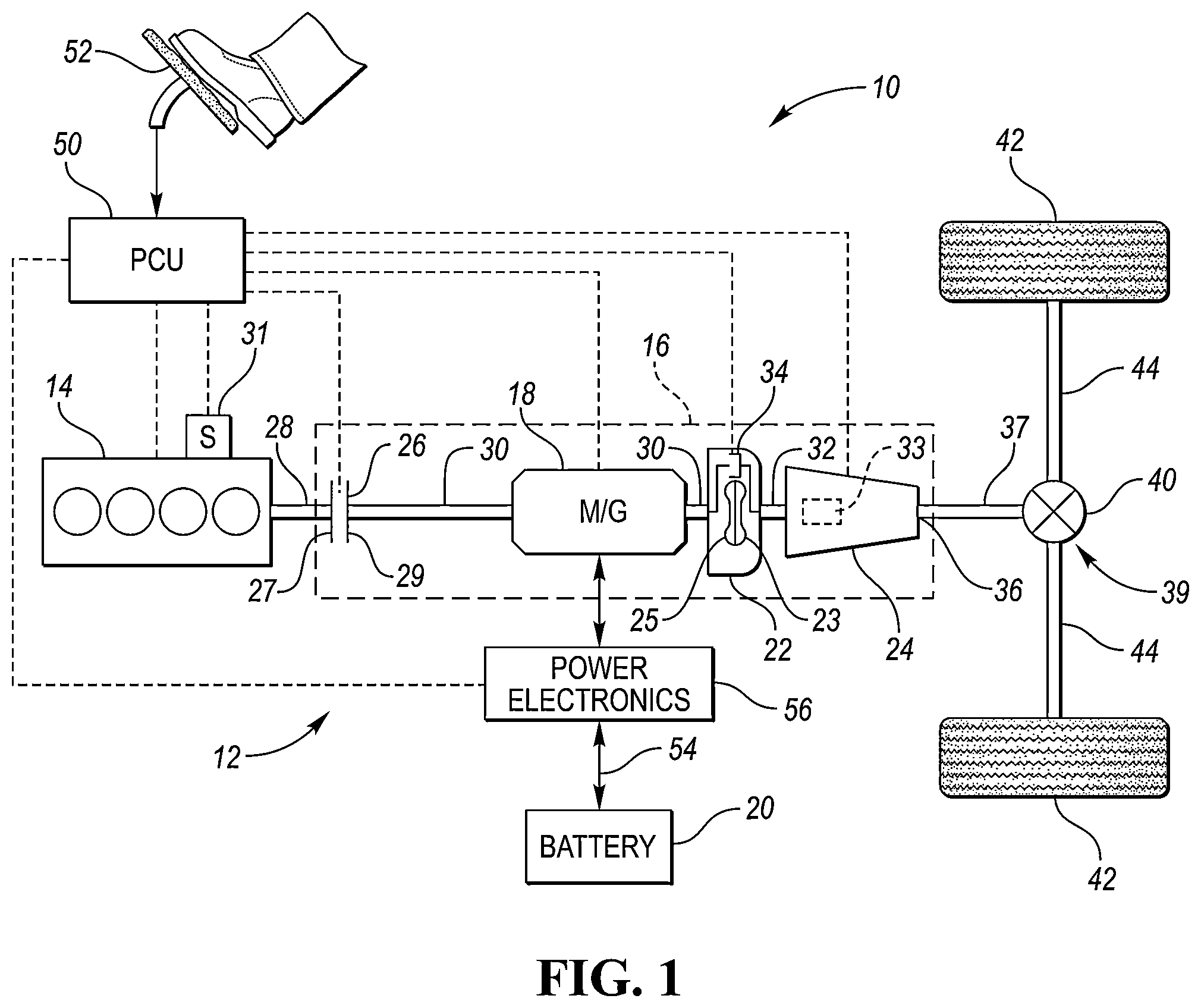 Patent US12351160 Figure 1 – Hybrid powertrain motor torque control during overrunning transmission