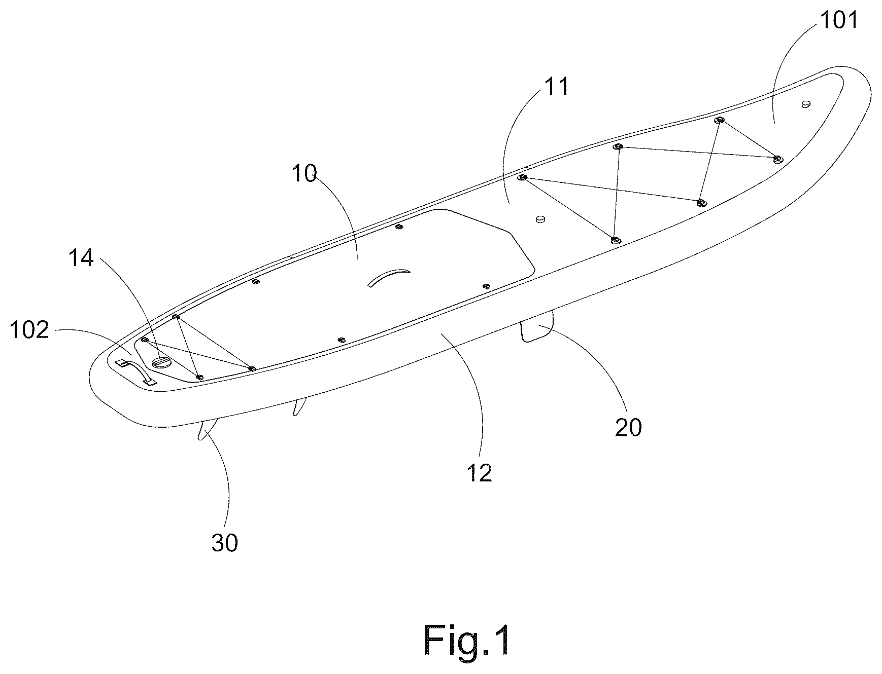 Patent US12351279 — Inflatable paddle board with central balancing fin — Figure 1