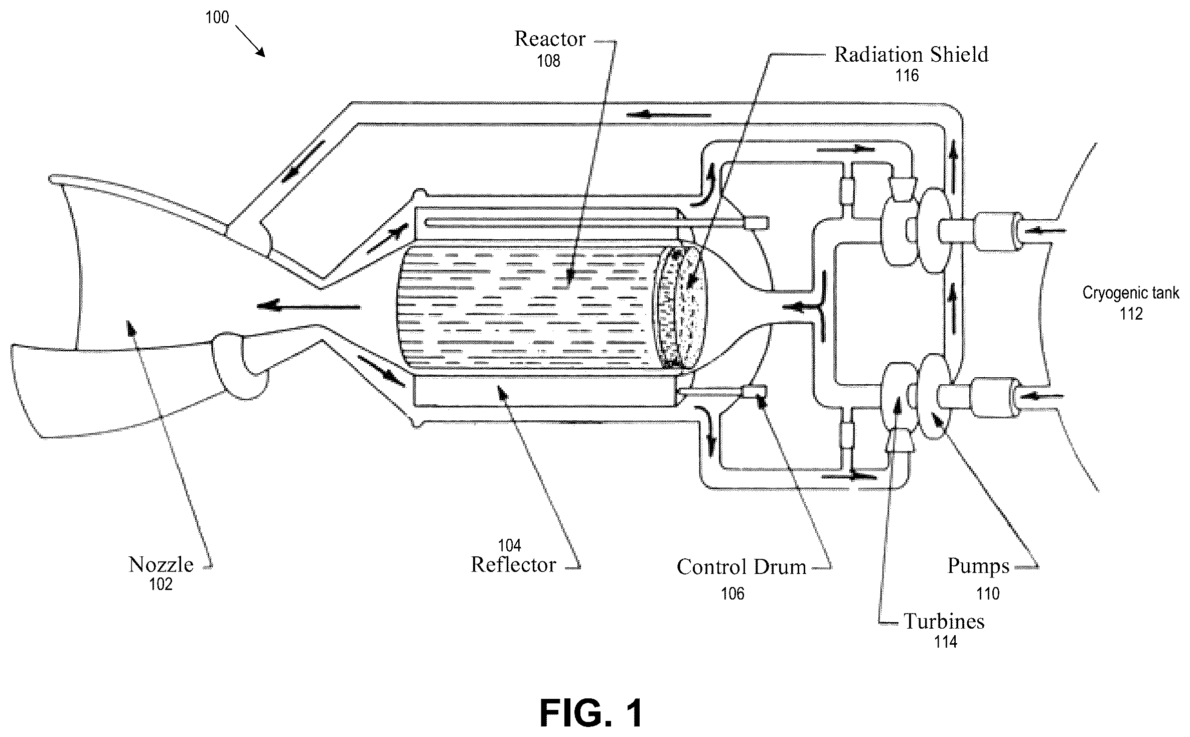Patent US12351344 — Nuclear thermal propulsion system with reactor direct drive of cryocooler turbine — Figure 1
