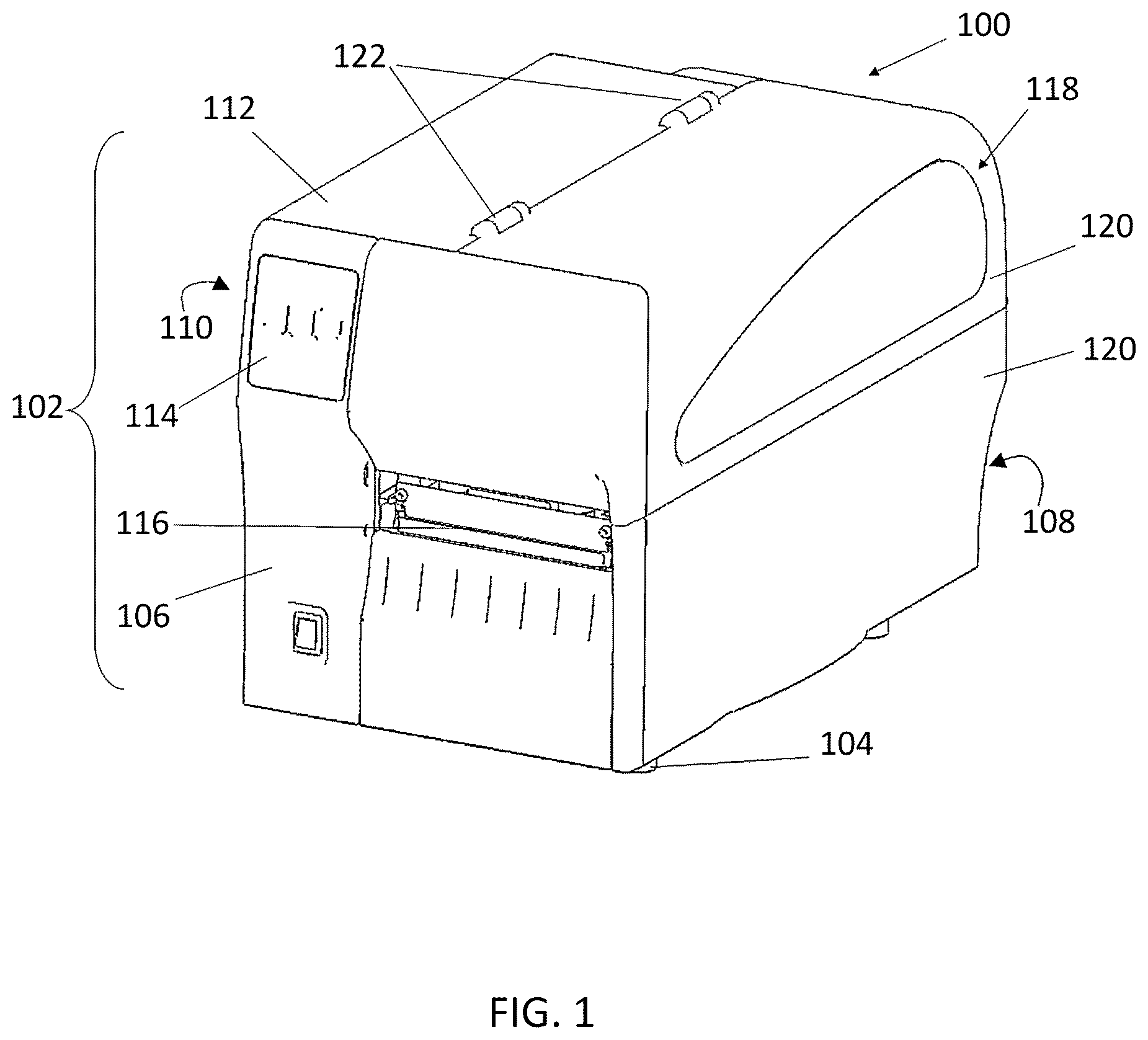 Patent US12351410 — Printer with linerless media wrap removal mechanism and associated methods — Figure 1