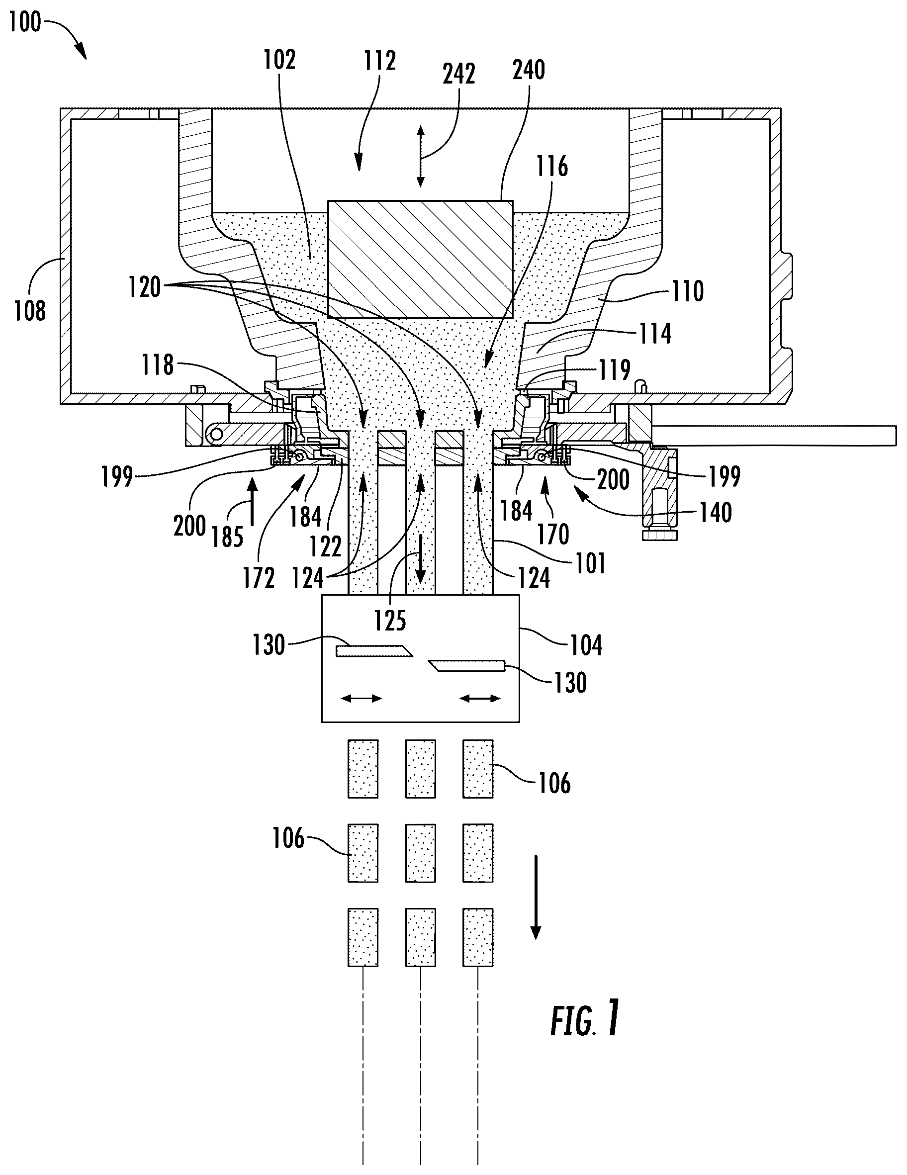 Patent US12351505 — Orifice plate change system, glass feeding assembly incorporating an orifice plate change system, and methods — Figure 1