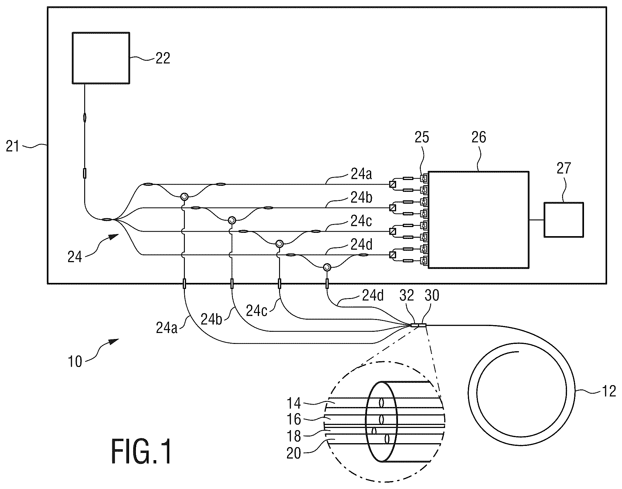 Patent US12353000 — Optical fiber sensor for shape sensing, optical shape sensing device, system and method — Figure 1