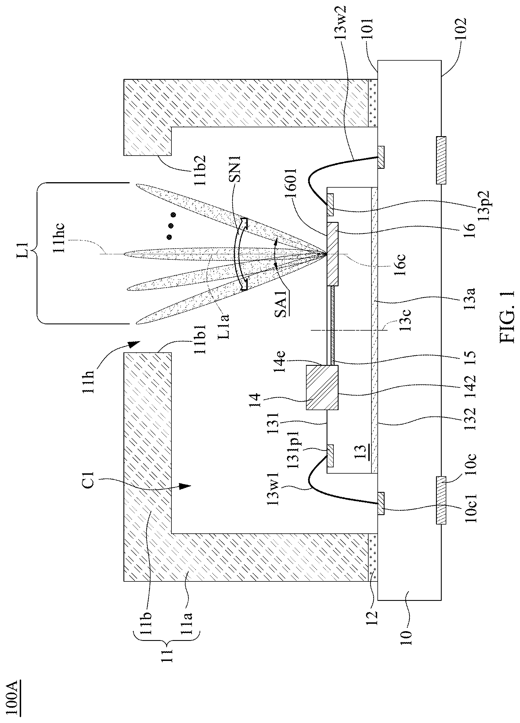 Patent US12353015 — Optical package device and method of manufacturing the same — Figure 1
